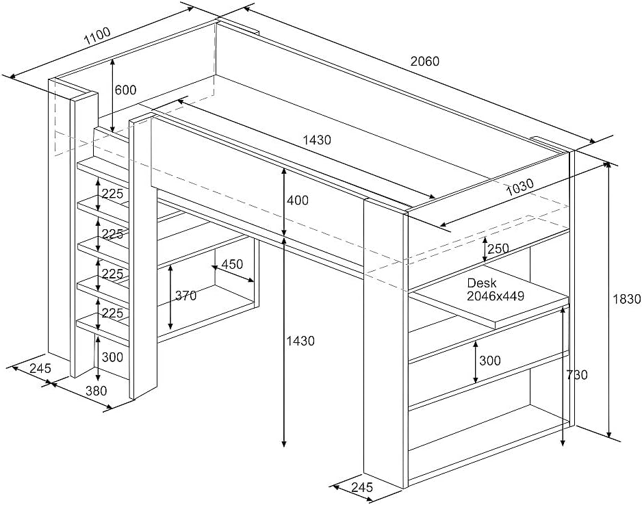Detailed diagram showing the dimensions of the Vente-unique NOAH Mezzanine Bed, including length, width, and height measurements in centimeters.