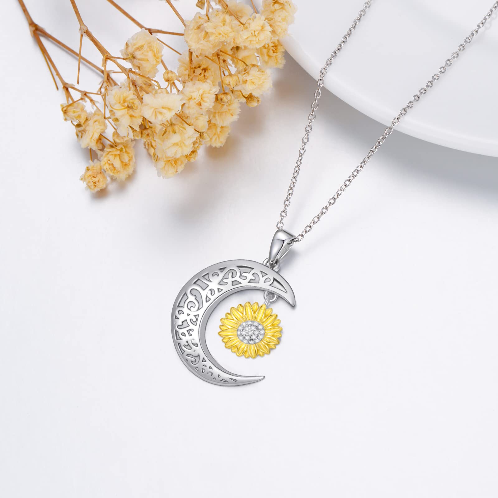 VONALA Collana con luna e girasole, luna collana in argento Sterling 925 girasole ciondolo collana per donne ragazze, Argento sterling