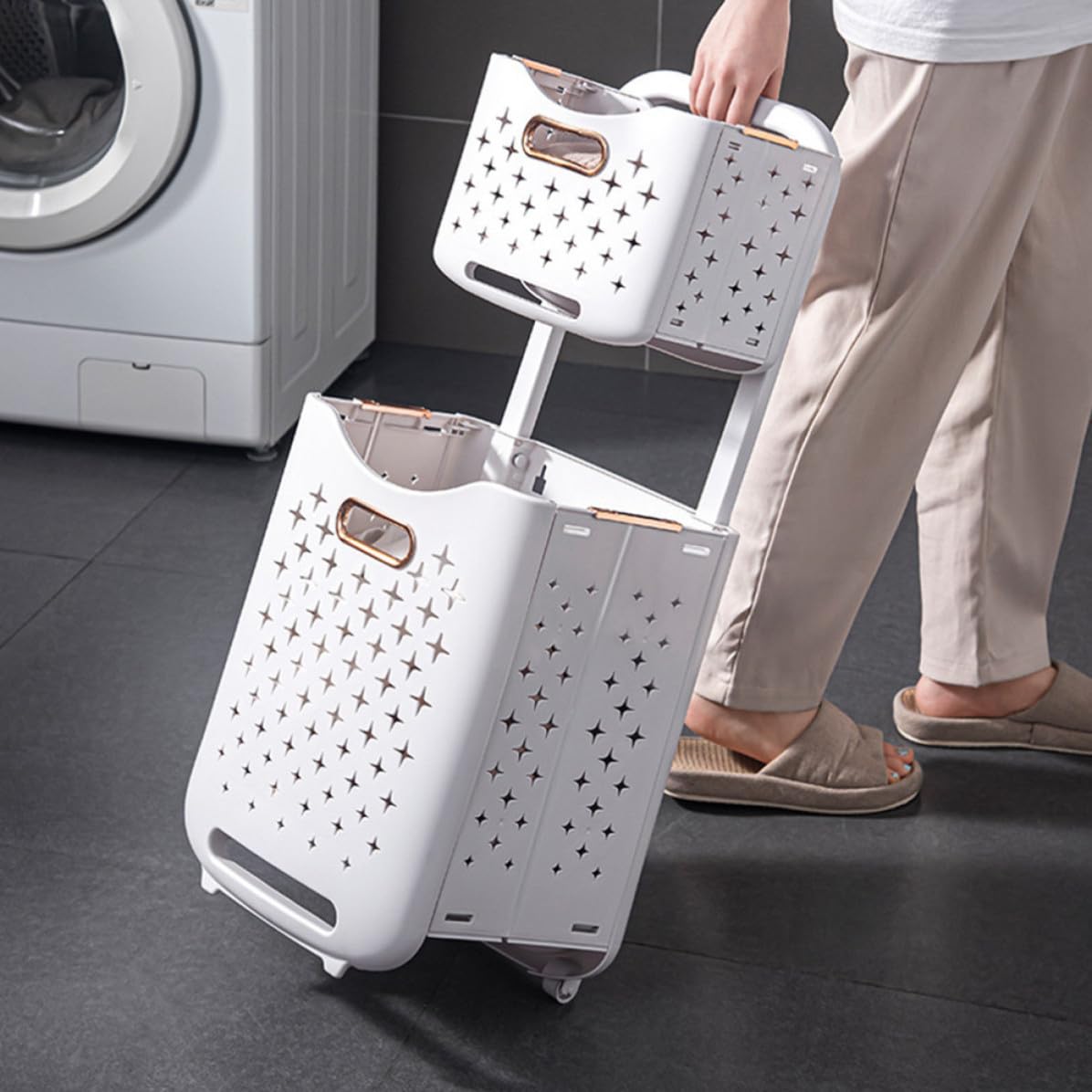 Alasum Cesto Grande Capacità Pieghevole a Doppio Strato della Biancheria con Ruote in Plastica Bianca per Familiare e Bagno