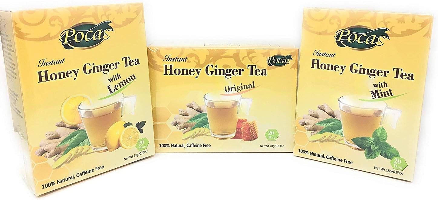Pocas Instant Ginger Honey Crystal Tea Bundle of Three Flavors: Ginger Tea Original, Ginger Tea with Lemon and Ginger Tea with Mint, (Three Flavor Variety)