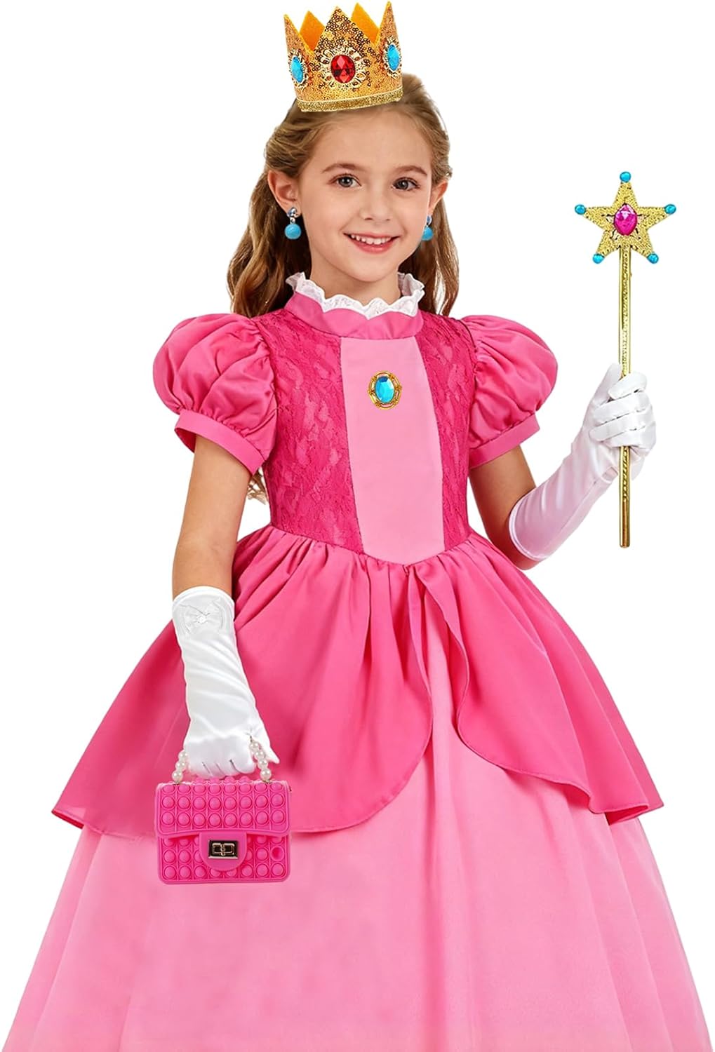 Girls Princess Costume Dress with Crown Gloves Wand Handbag, Funny Kids Video Game Theme Party Halloween Outfits