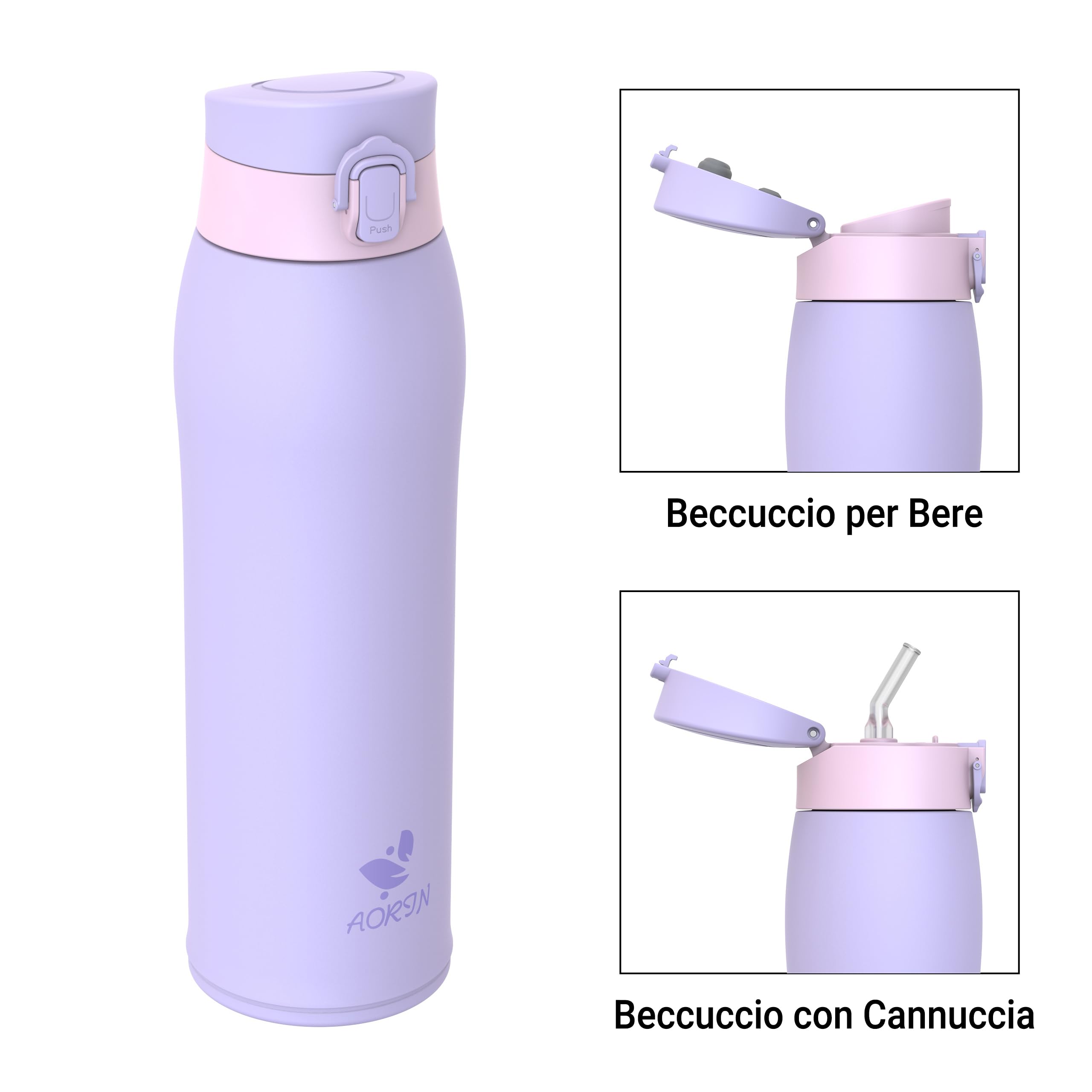 AORIN Borraccia Termica, Borraccia in Acciaio Inox 18/8, 950ml Borraccia Bambini, Bottiglia Termica Senza BPA e Perdite, Thermos per Sport, Outdoor e Pendolarismo con 2 Coperchi