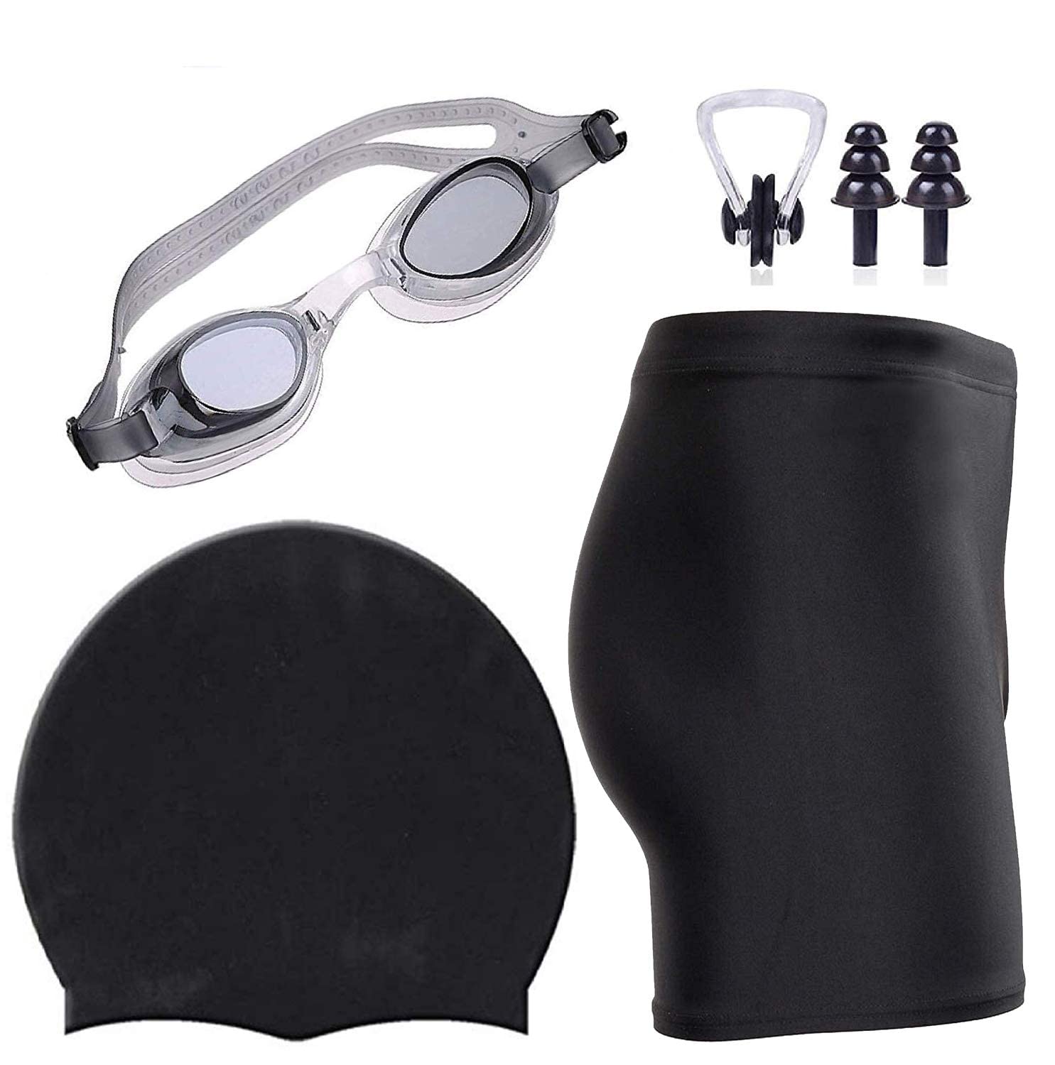 Swimming Combo Kit Regular Fit- 28in to 34in-Goggles, Silicone Cap, 2Pc Ear Plugs, 1 Pc Nose Clip, Swimming Suit- Black