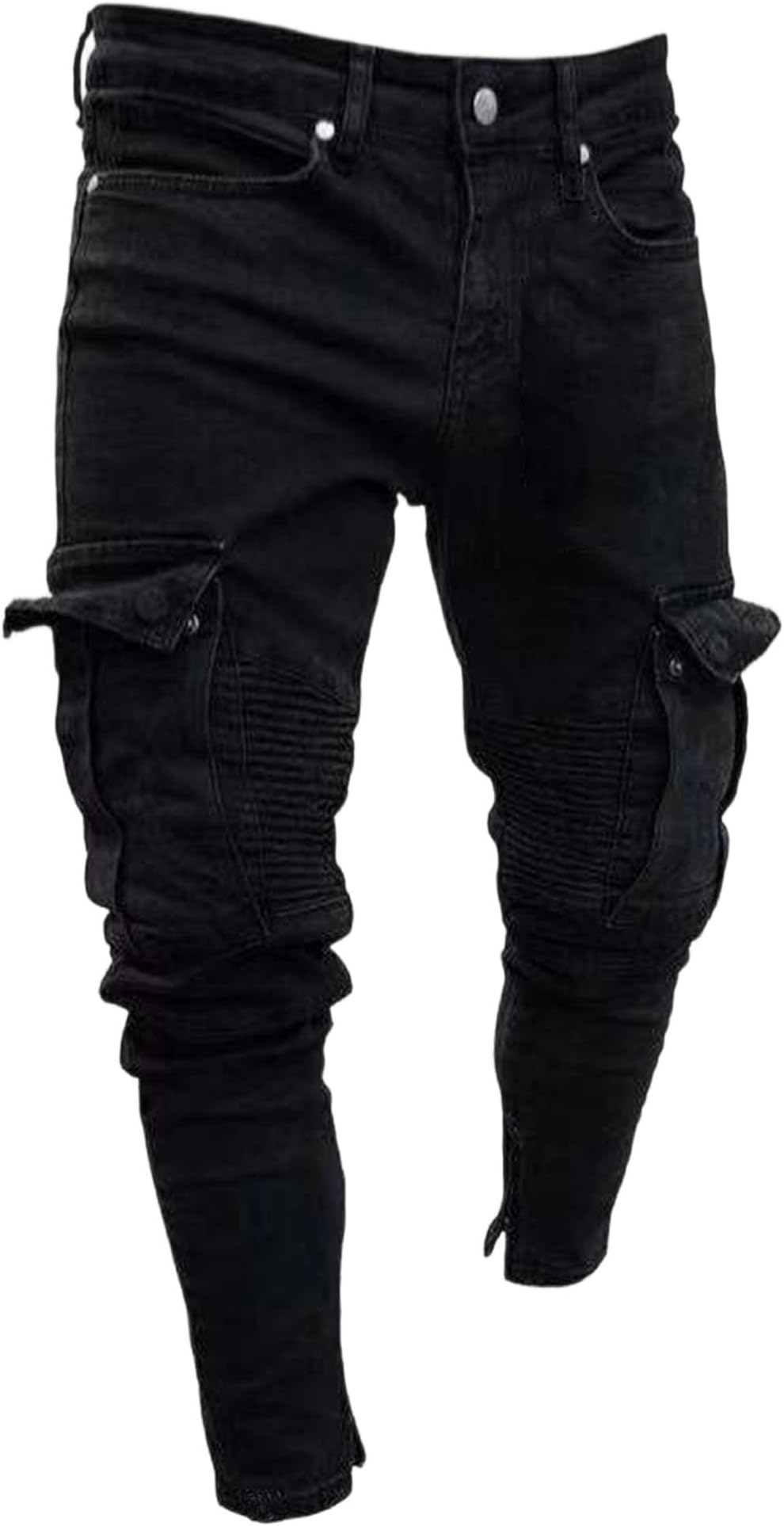 Men's Skinny Jeans with Side Pockets Angled Cargo Denim Trousers Hip hop Tapered Leg Slim Fit Jean
