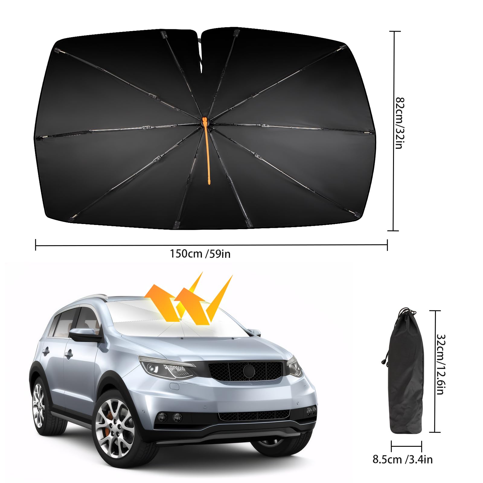Parasol de coche para parabrisas giratorio 360°, plegable, con pliegue de muelle, adecuado para protección solar para parabrisas delantero, protección UV, 150 x 82 cm