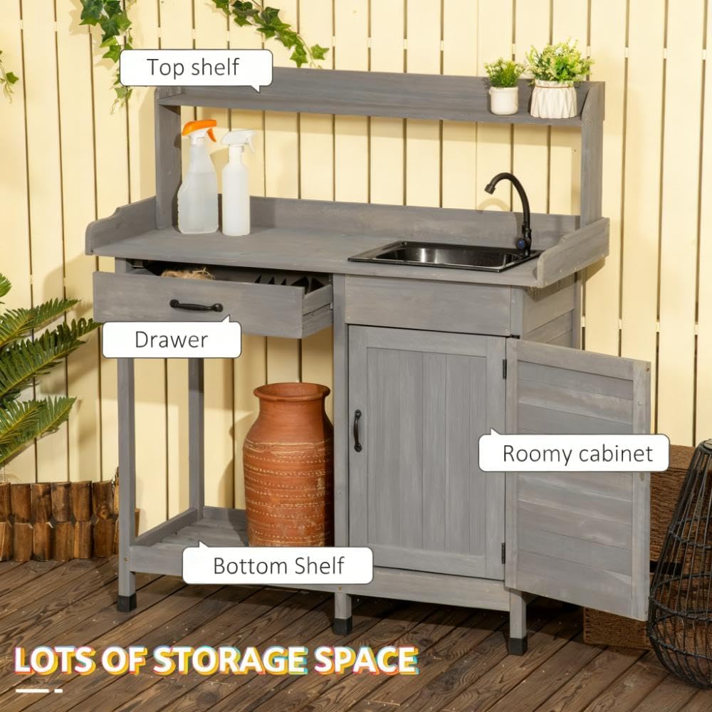 Outdoor Potting Bench with Removable Sink and Faucet, Garden Tool Organizer Work Bench for Backyard, Solid Wood Potting Table with Storage Cabinet, Drawer & Hooks, Garden Furniture for Planting