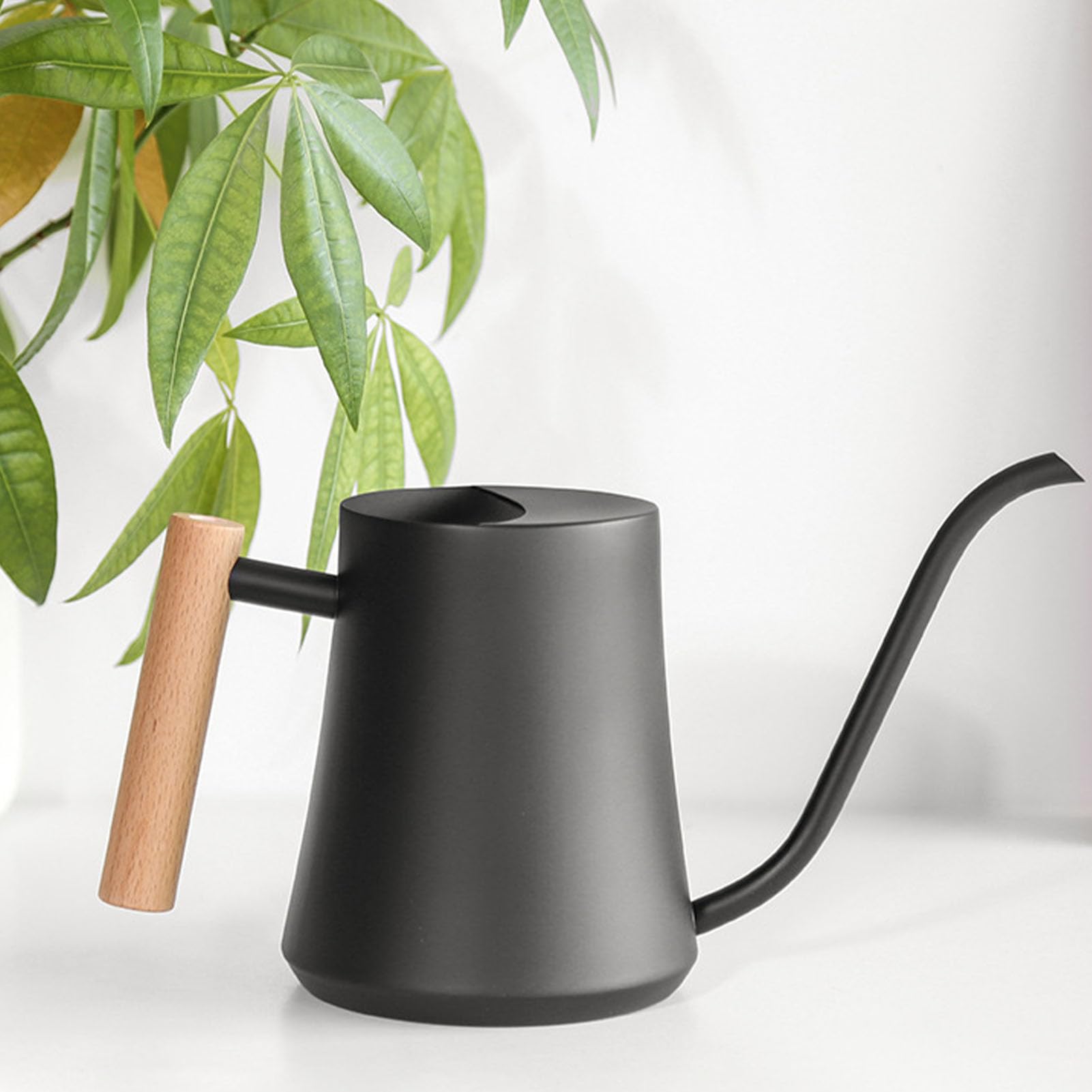 Wakects Regadera de Interior Regadera de Acero Inoxidable 1L Caño Largo de Madera Negro Mate para Plantas de Interior Plantas de Suculentas Bonsai Oficina en Casa (Negro Mate)