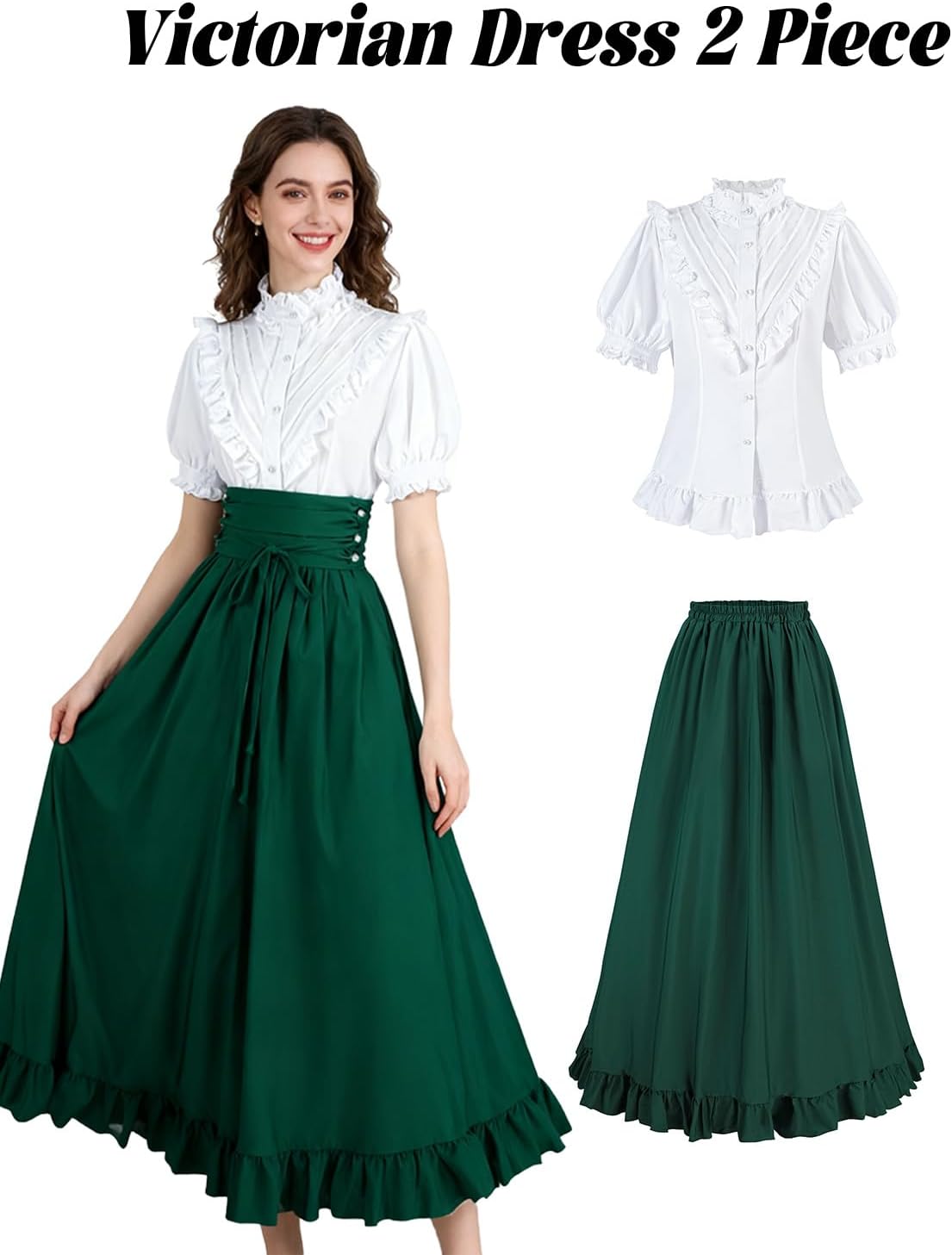 Nuoqi Womens Victorian Dress 2 Piece 1800s Edwardian Costume Vintage Short Sleeve Blouse Long Skirt