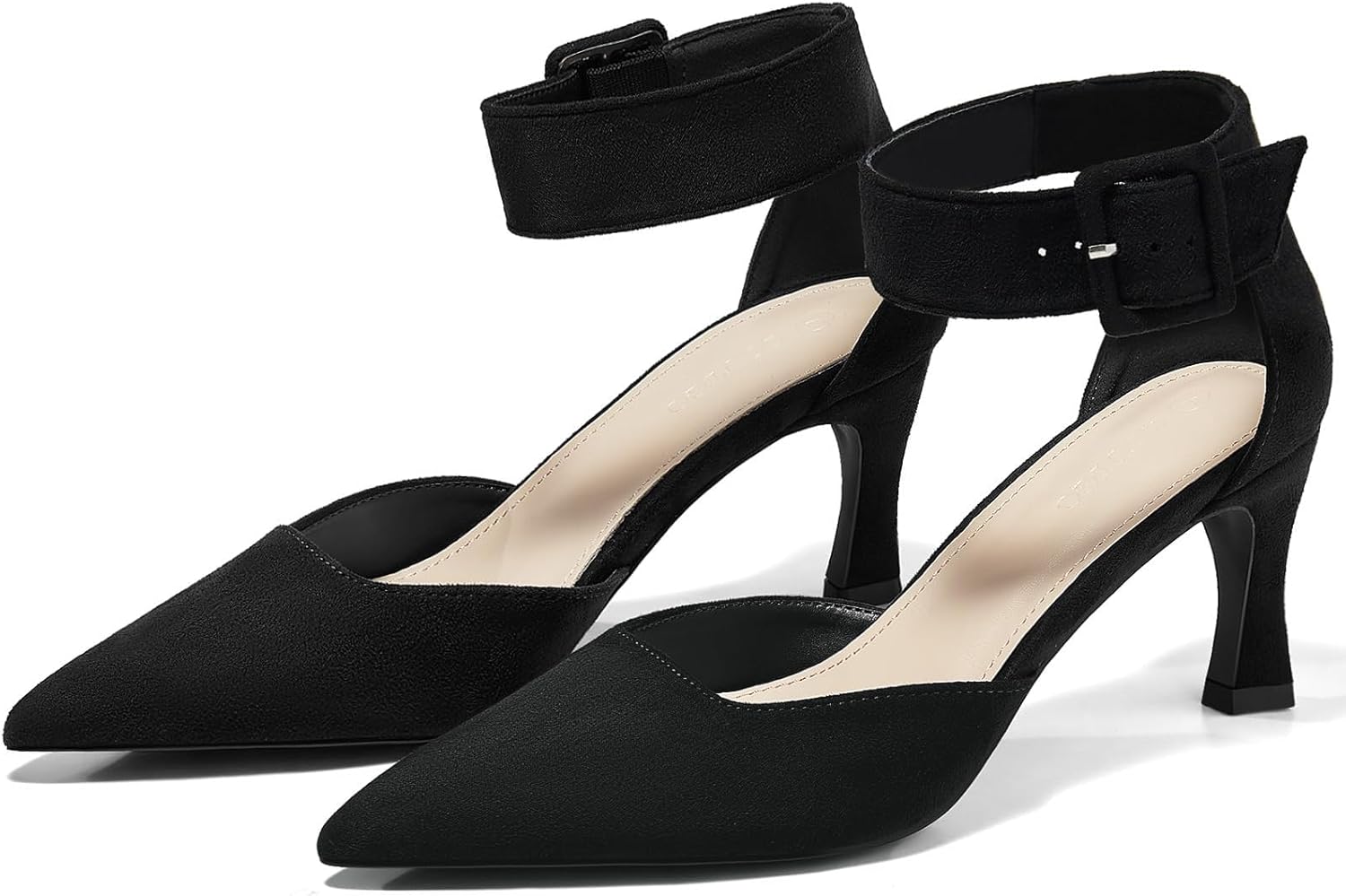 Coutgo Womens Kitten Low Heels Closed Pointed Toe Ankle Buckle Strap Pumps Suede Dress Wedding Shoes