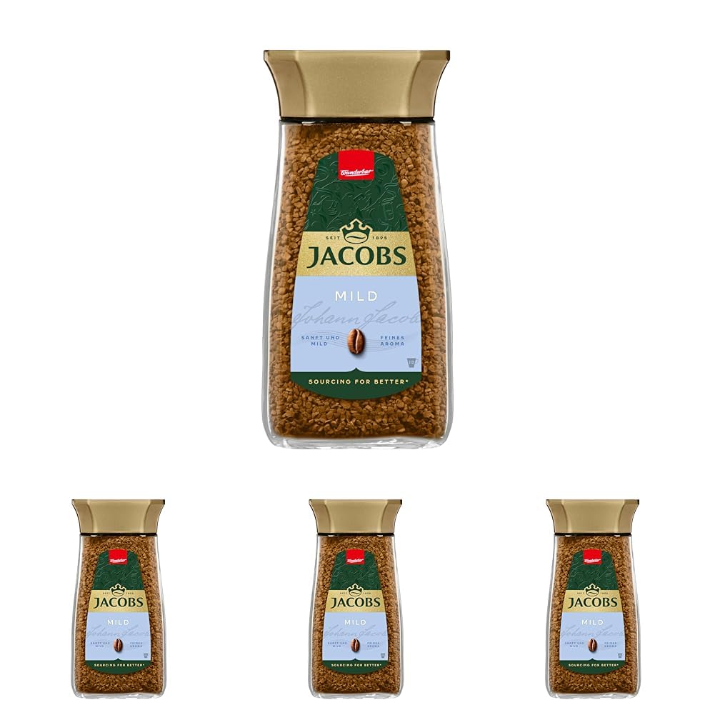 Jacobs Mild löslicher Bohnenkaffee, Instant Kaffee, 200 g im Glas, für 112 Getränke (Packung mit 4)