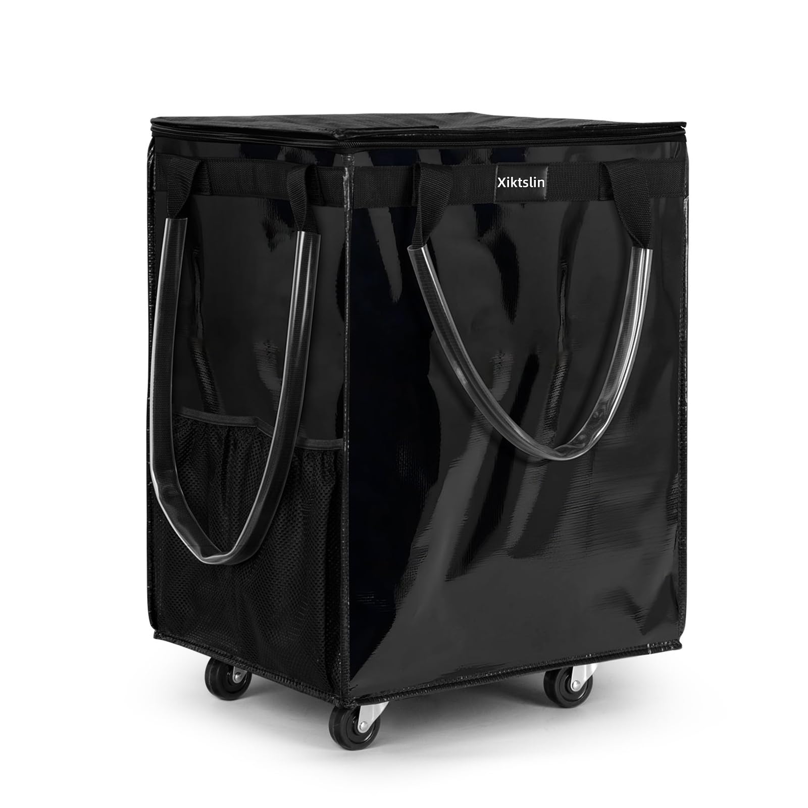 Photo 1 of (Large, Black) Reusable Grocery Bag on 5 Wheels, Foldable Rolling Tote Carries Up to 76lb Shopping Trolley, Rolling Bag with 3 Handles, Zipper Clouser Rolling Tote Bag with Wheels for Laundry