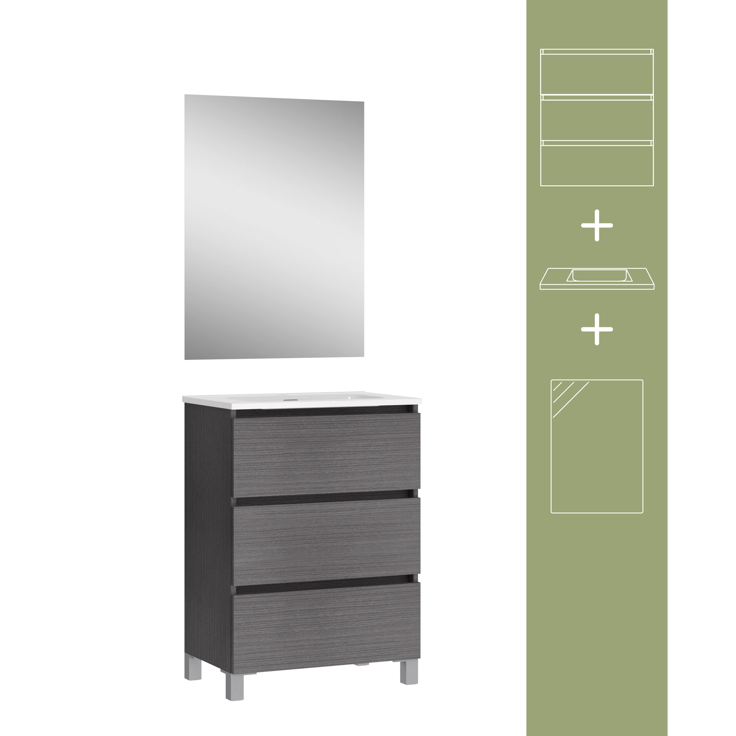 Baikal Conjunto de Mueble de Baño suspendido a la Pared con Fondo reducido, con Lavabo y Espejo, Tres cajones, Medidas de 50cm Ceniza