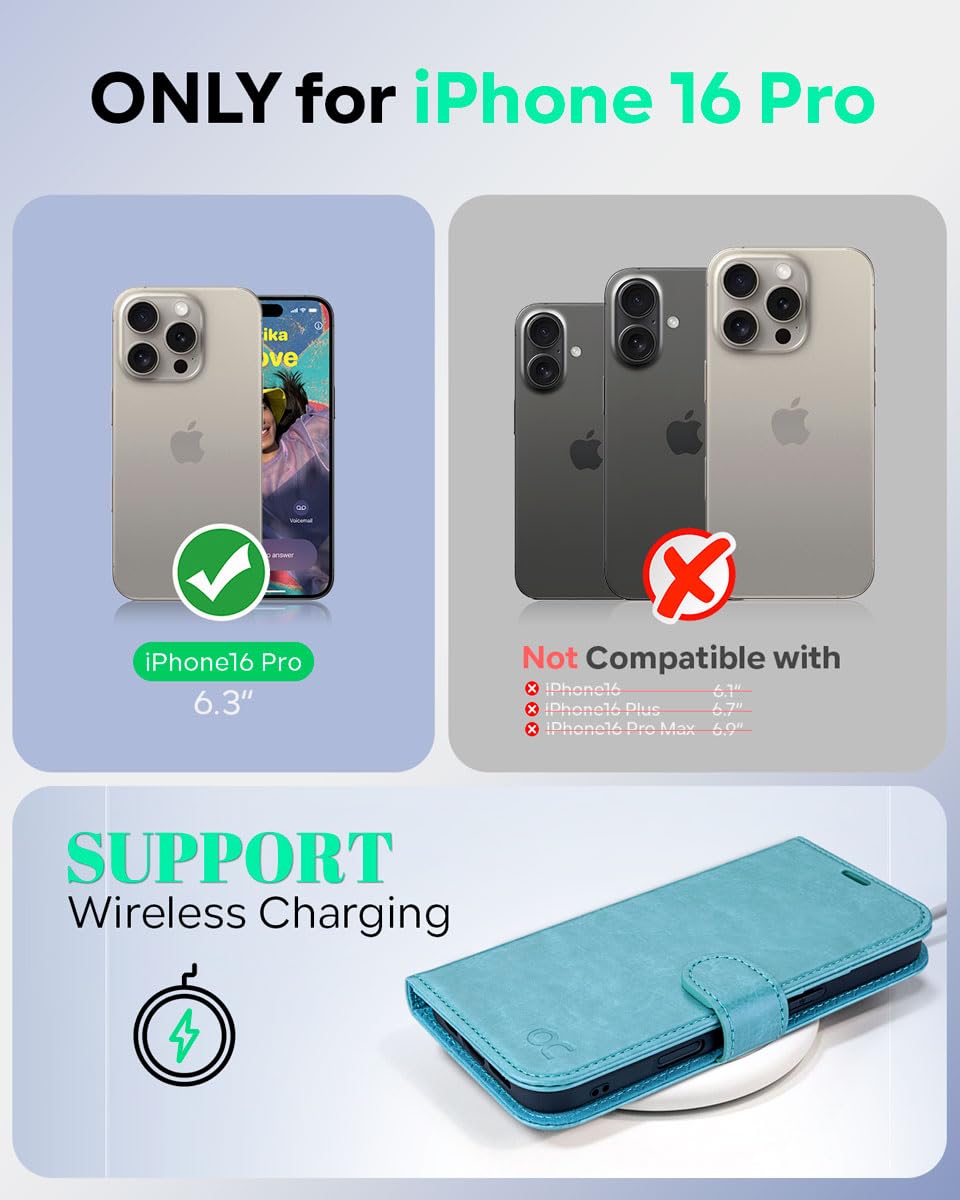 OCASE for iPhone 16 Pro Case, PU Leather Wallet, Magnetic Flip Folio Cover with RFID Blocking, Card Holders, Shockproof TPU - Image 2