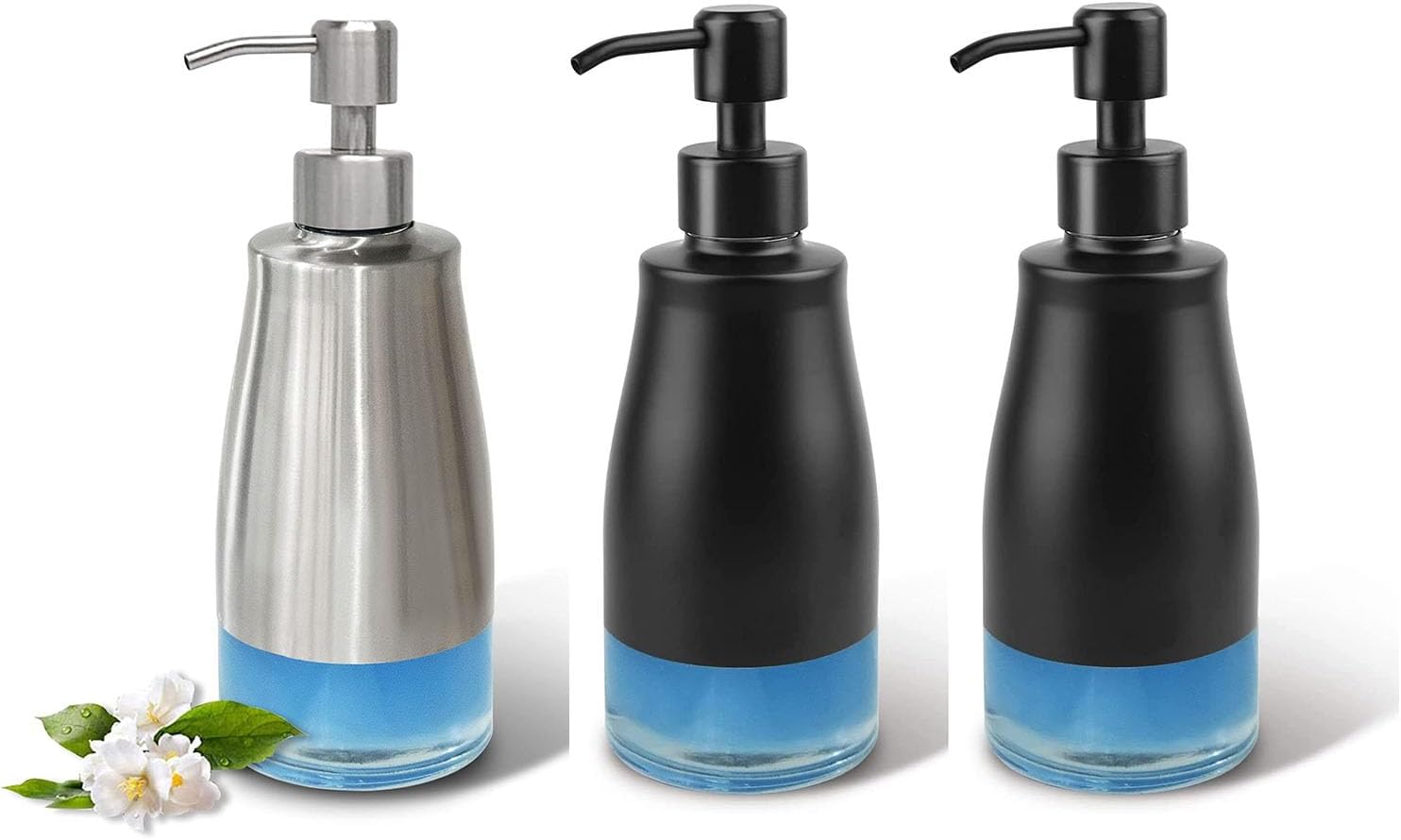 Dish Soap Dispenser with Stickers, Kitchen Soap Dispenser Brushed Nickel Stainless Steel and Glass Combined, Refillable Liquid Hand Soap Dispenser for Bathroom & Kitchen (11OZ / 320ML)