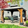 Domi Hardtop Gazebo 12’x12’ Cedar Frame Wood Gazebo with Galvanized Steel Double Roof, Outdoor Permanent Metal Gazebo with Curtains and Netting for Patio,Deck,Backyard