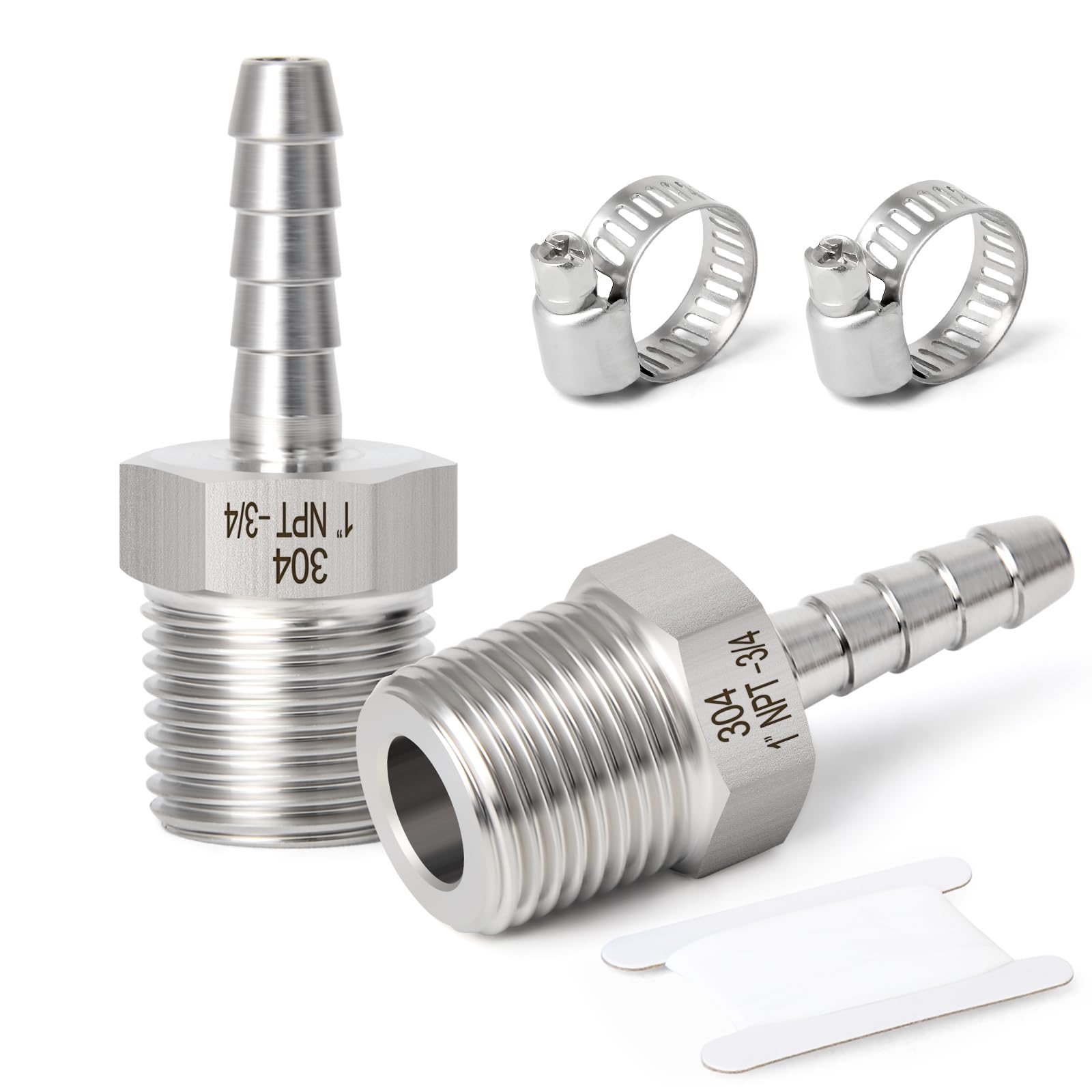 TAISHER Lot de 2 raccords de tuyau d'air forgés en acier inoxydable 304, raccords cannelés de 1,9 cm x 2,5 cm, adaptateur de tuyau MNPT avec 2 colliers de serrage