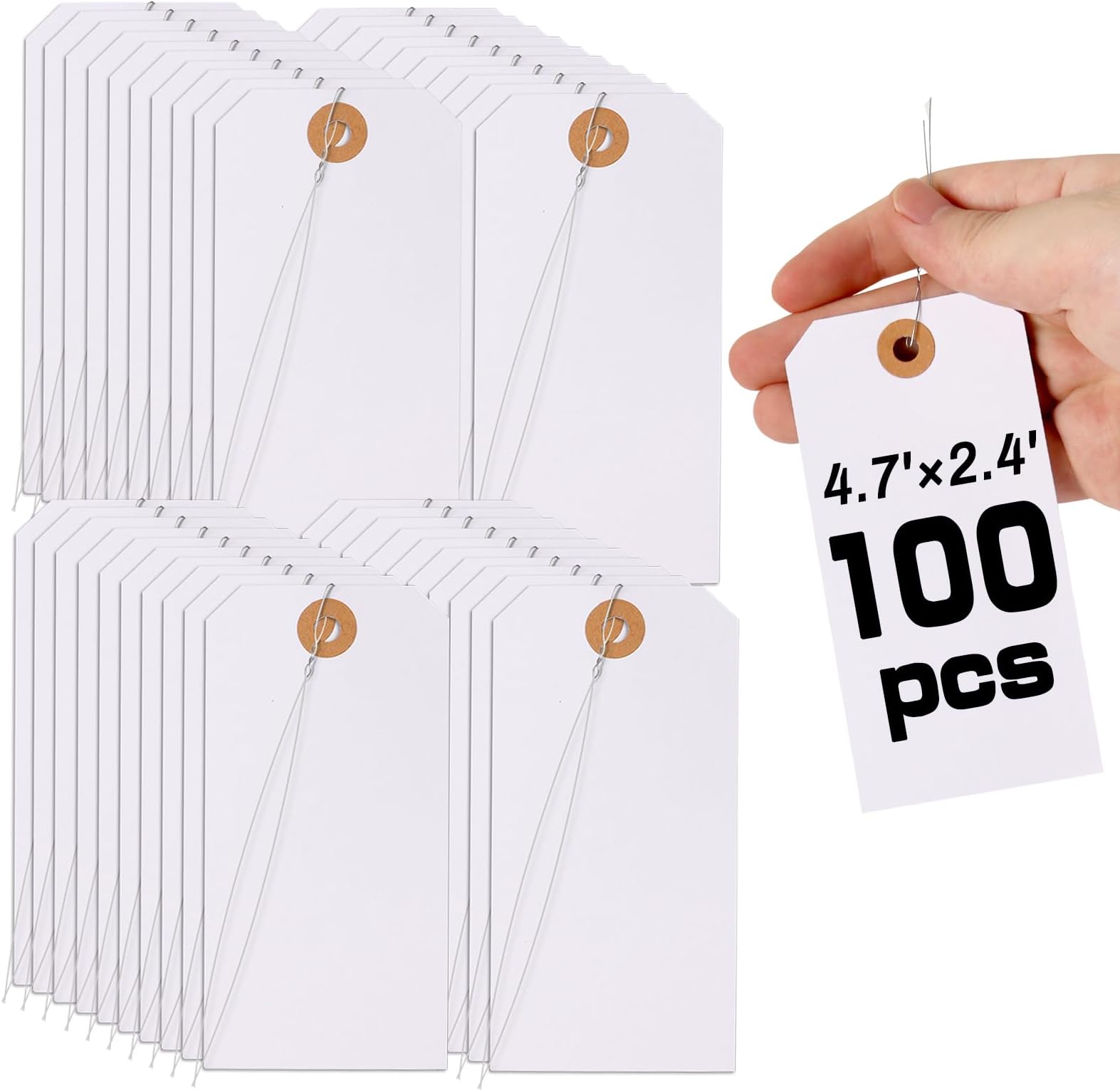 100 Pieces Tags with Wire, 4 3/4" x 2 3/8" Shipping Tags Blank Hang Tag with Metal String and Reinforced Hole for Heavy Duty Machinery, Vintage Clothing, Jewelry Pricing & Garage Sales, White