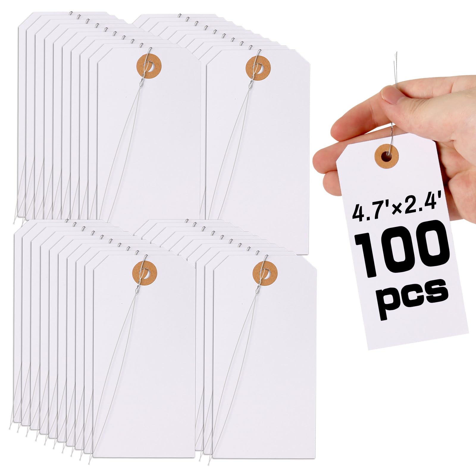100 Pieces Tags with Wire, 4 3/4" x 2 3/8" Shipping Tags Blank Hang Tag with Metal String and Reinforced Hole for Heavy Duty Machinery, Vintage Clothing, Jewelry Pricing & Garage Sales, White