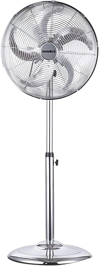 Senelux 16 Inch Metal Pedestal Floor Fan, Chrome Standing Fan with 5 Blades, Oscillating Function, 3 Speed Settings, Adjustable Height, Silent Operation, 50W Ideal for Home Office Gym