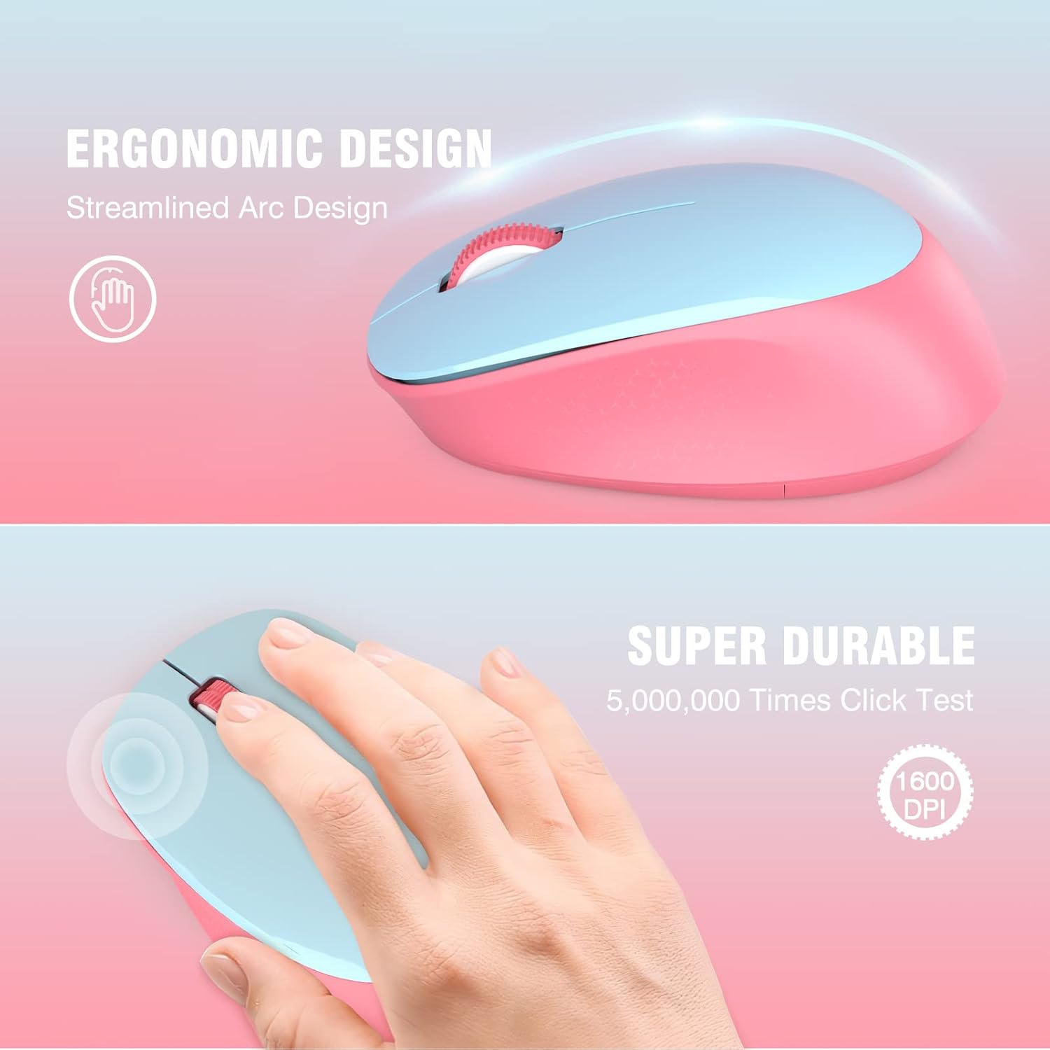 Trueque Wireless Mouse for Laptop, 2.4GHz Ergonomic Computer Mouse with Back & Forward Buttons, 3-Level DPI, 6 Buttons, Optical USB Cordless Mice for Windows Chromebook MacBook PC (Blue&Pink)