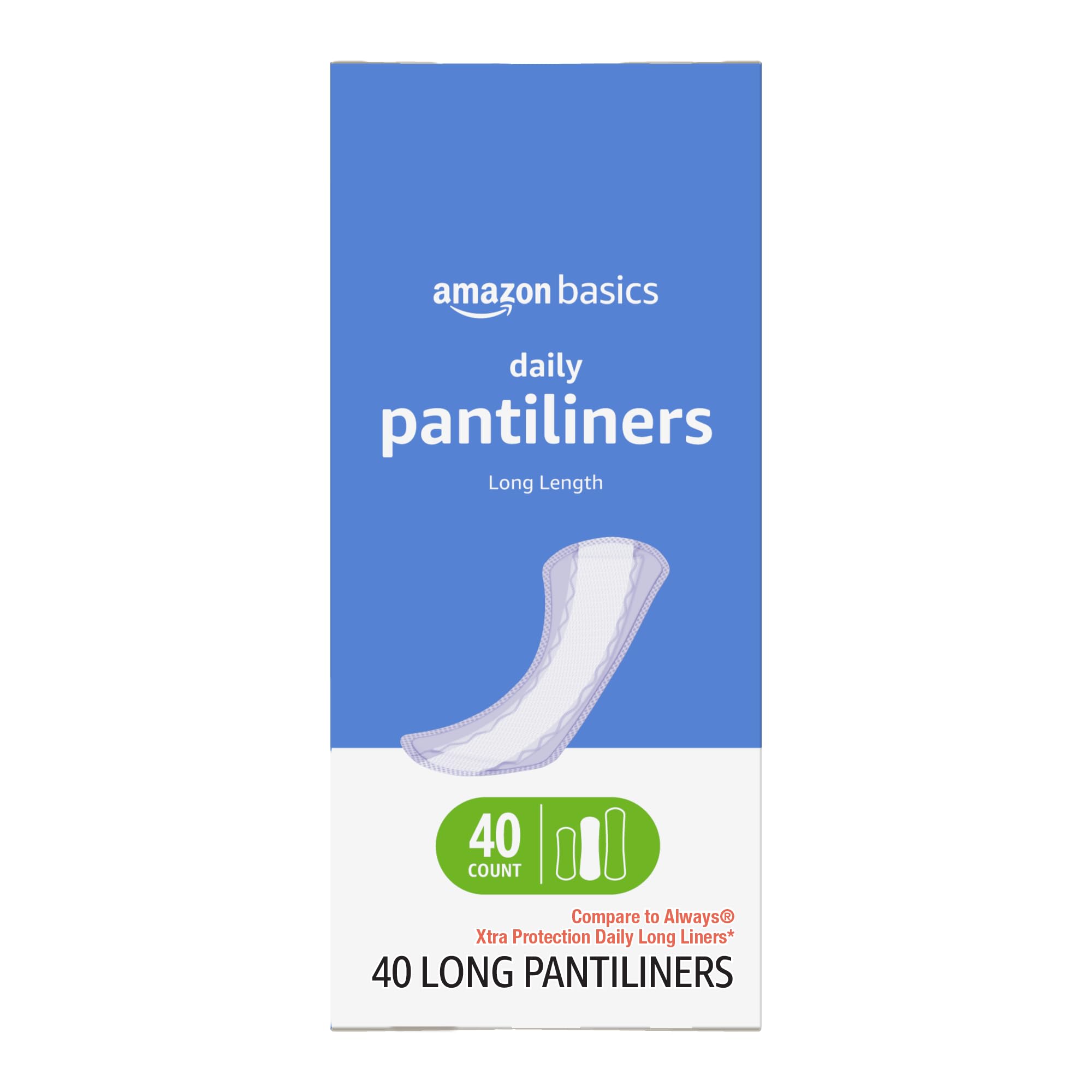 Daily Pantiliner, Long Length, Feminine Pads for Women, Unscented, Leakage Protection, 40 Count (Previously Solimo)