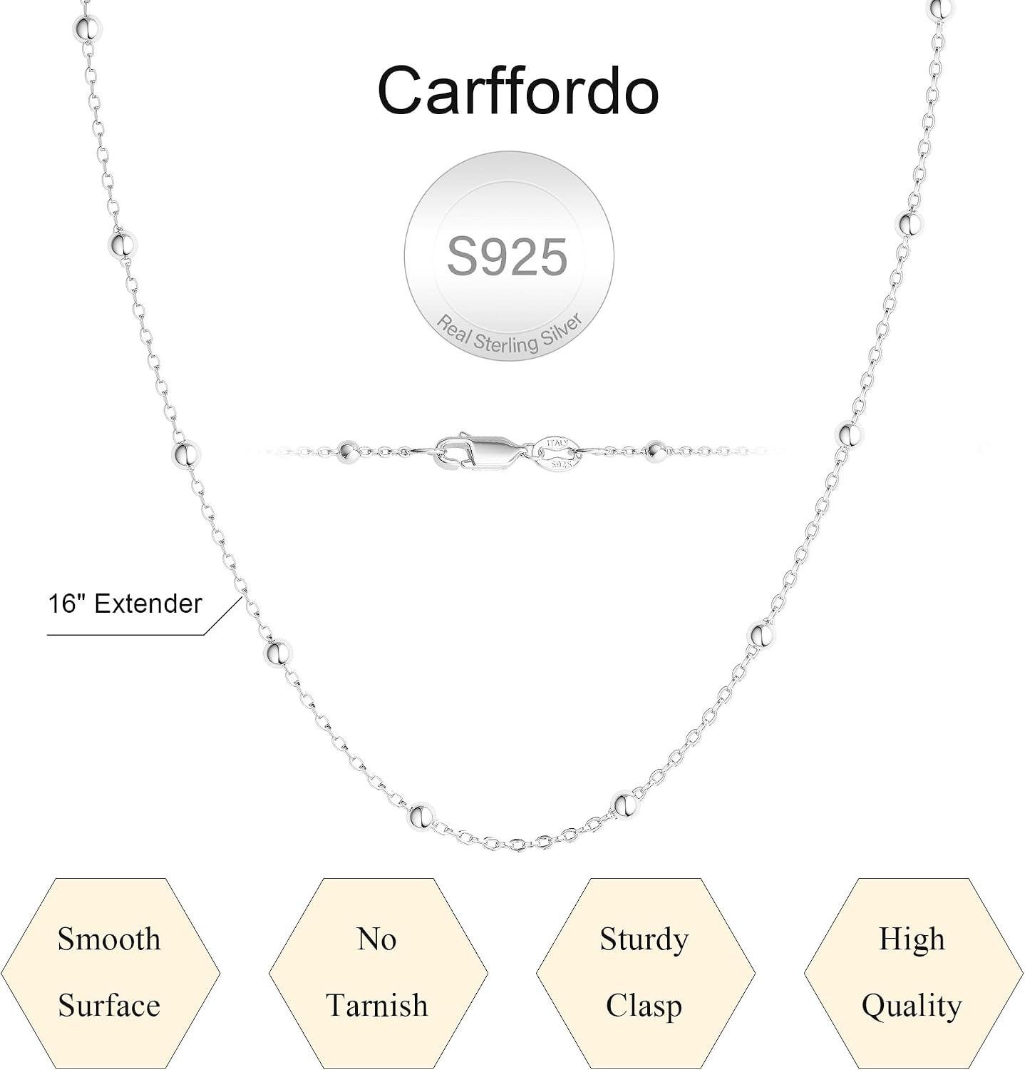Carffordo 925 Sterling Silver Chain Necklace, Beaded Chain for Women