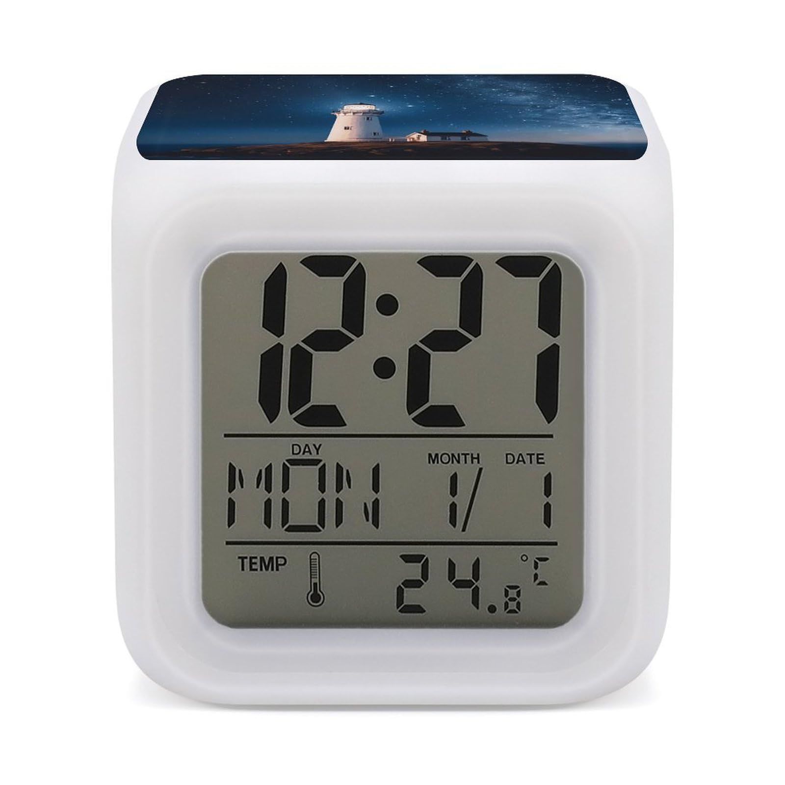 VstaDank Lighthouse Under Starry Night Sky Alarm Clocks with 7 Color Changing Night Light Exquisite Bedroom Digital Clocks with LED Temperature Display Desk Clock Ok to Wake Clocks for Heavy Sleeper