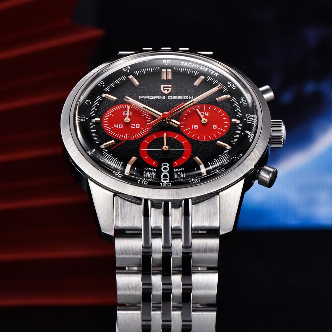 Pagani Design 1827 - Orologio cronografo da uomo, al quarzo, movimento giapponese VK63, cassa in acciaio inox, impermeabile fino a 100 m, quadrante luminoso, datario, sportivo, casual