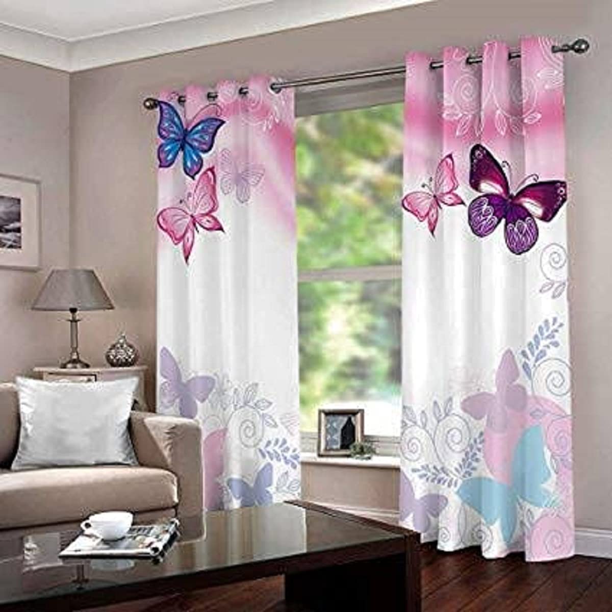 KHD 3D Butterfly Digital Printed Polyester Fabric Curtains for Bed Room Kids Room Living Room Color Pink Window/Door/Long Door (D.N.1168) (4 x 9 Feet (Size ; 48 x 108 Inch) Long Door, 4)