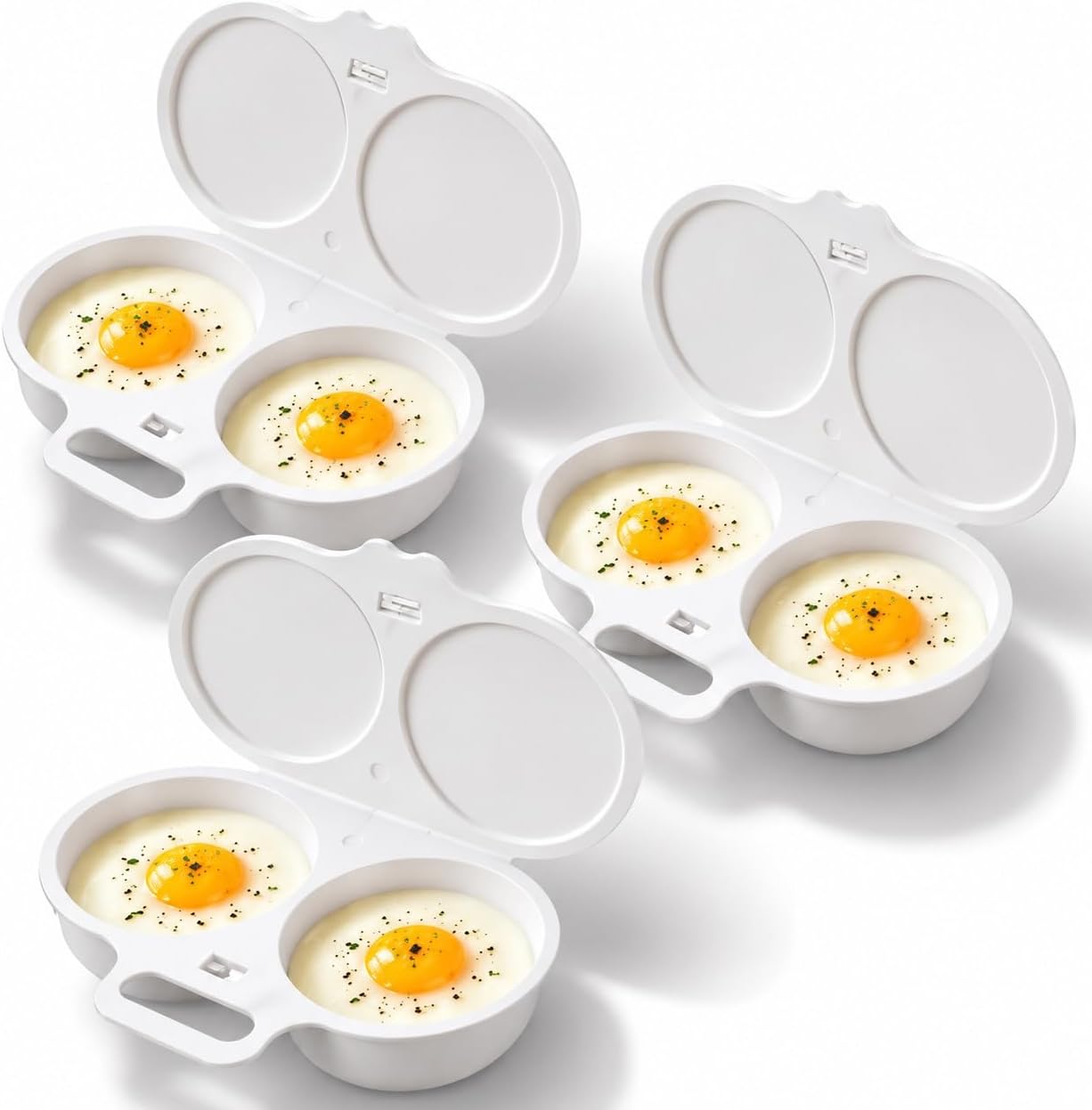3-Pack Microwave Egg Poacher, 2-Egg Microwave Egg Cooker Made Of Food-Grade PP, Dual-Cavity Egg Poaching Cups With Lid & Handle For Breakfast Sandwiches, English Muffins & Meal Prep, White
