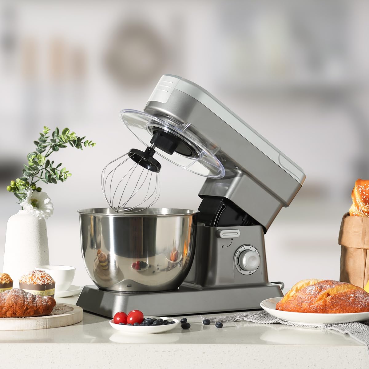 Swiss Pro+ SP-PKM1900S stand mixer whisking ingredients