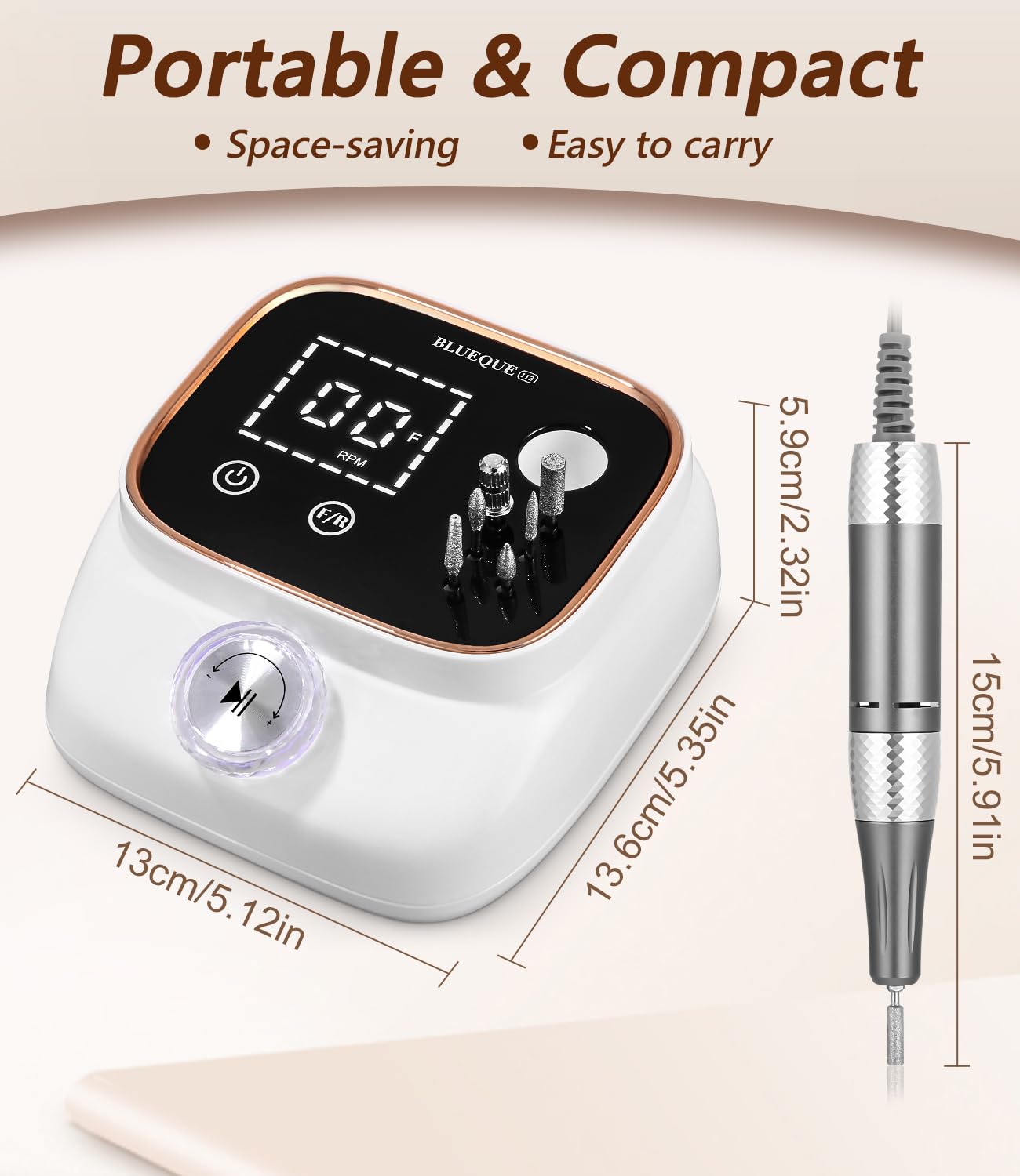 Zawaer Torno para Uñas 45,000RPM, Profesional Lima Electrica Uñas, Velocidad Ajustable,Set de Accesorios para Manicura y Pedicura con Brocas de Cerámica,para Uso Doméstico Salones de Uñas Dorado