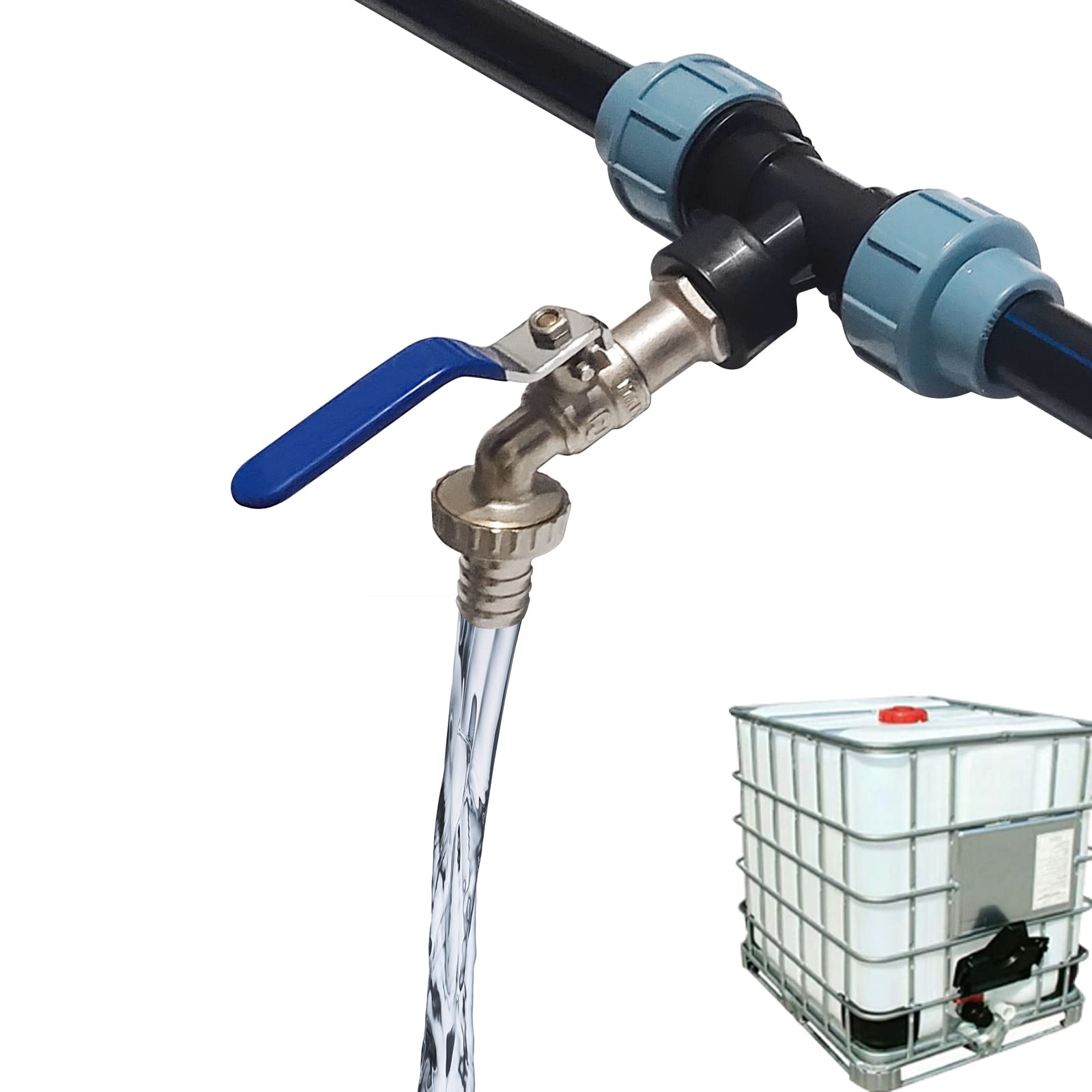 IBC - Juego de conexión para tanques de agua de lluvia IBC con cuello de cisne de 3/4" para jardín y grifo de agua para 1/2 tanques (B)