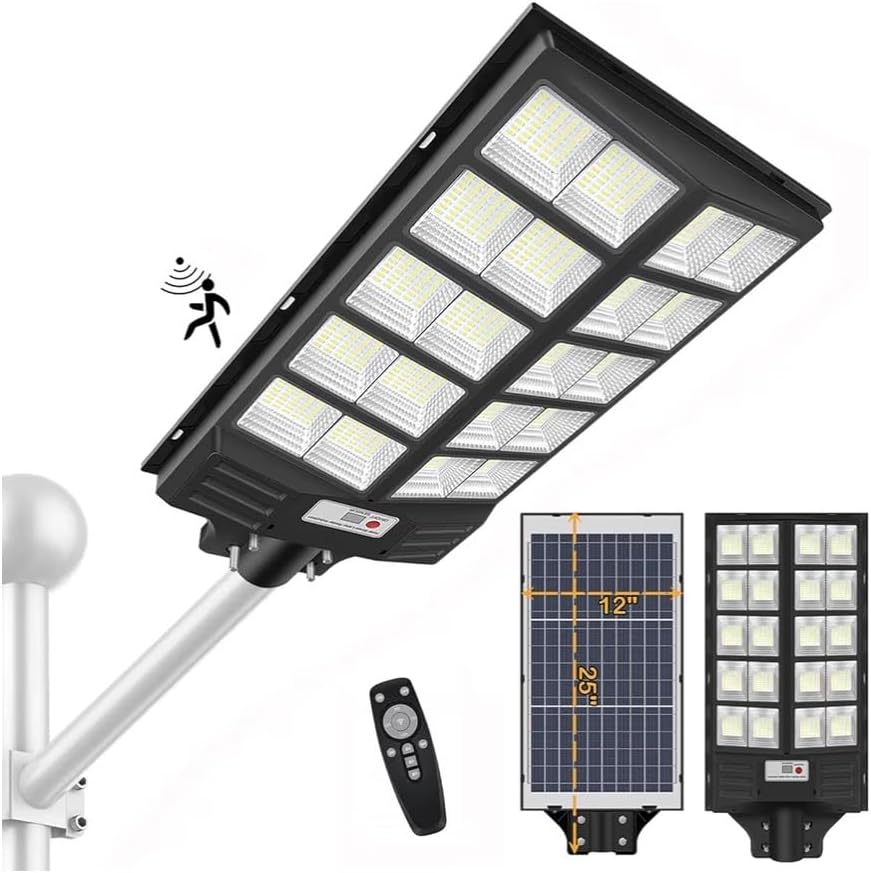 400W Solar Street Light with Motion Sensor, IP65 Waterproof LED Outdoor Lighting with Remote Control, 6V 30W Solar Panel, 3.2V 25Ah Battery, 19 Inch Pole Mount. Battery Back up 8 to 12 Hours
