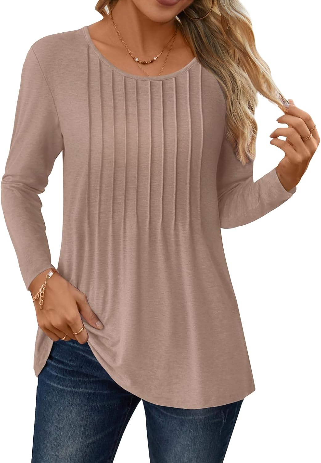 NORACORA Long Sleeve Pleated Tops for Women Dressy Casual Chic Crew Neck Blouses Shirts Loose Fit Trendy Fall Clothes 2025