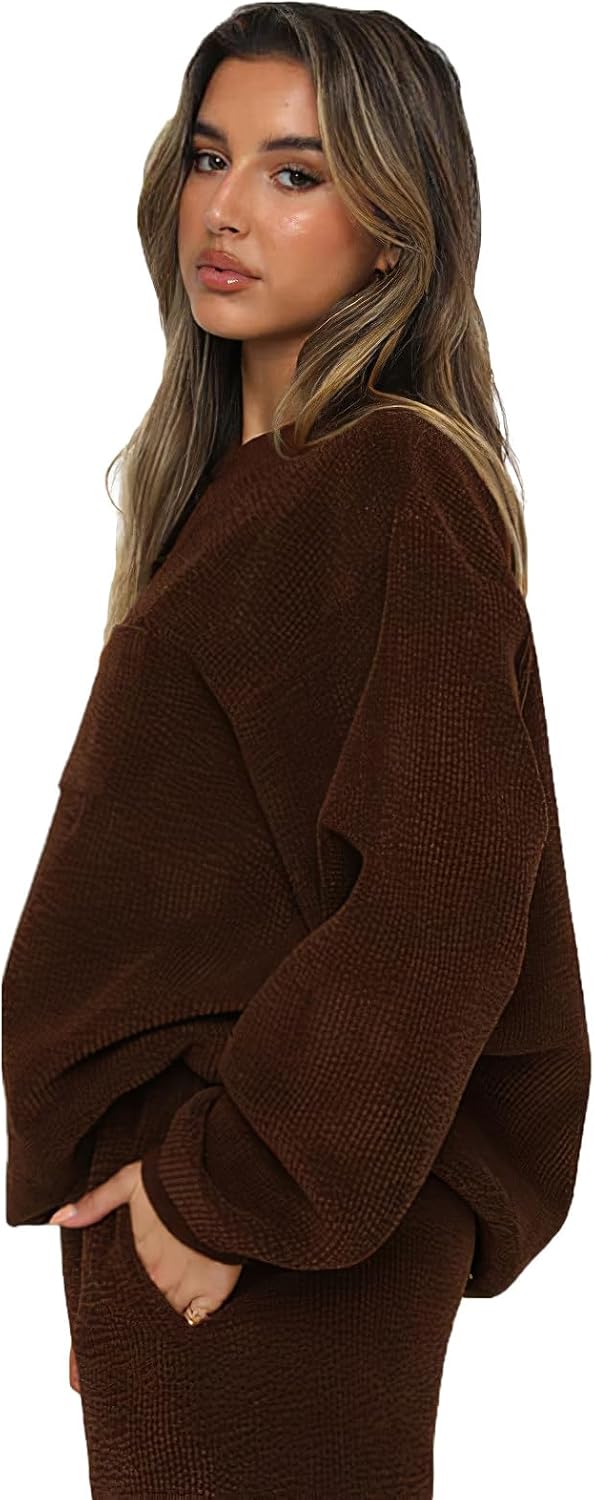 ANUFER Women's Corduroy 2 Pieces Sweatsuit Tracksuit Autumn Winter Fluffy Casual Clothing Set