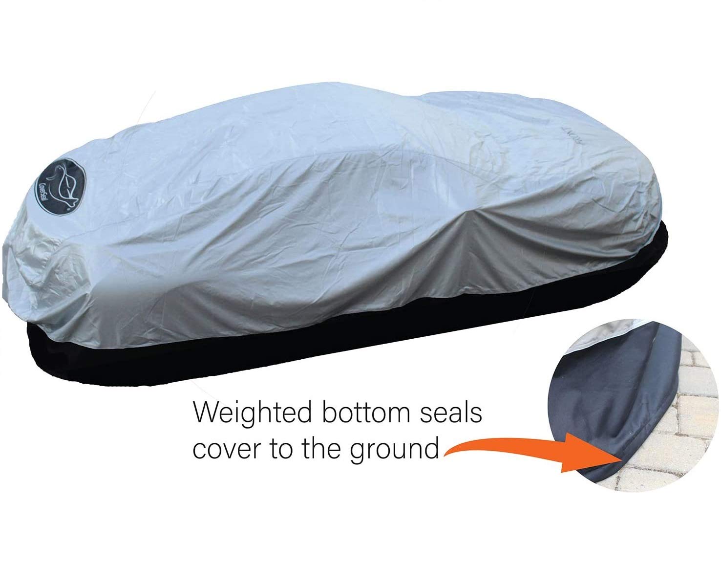 CoverSealHeavy Duty Outdoor Car Cover with Patented Weighted Ground Conforming Apron Seal – Wind Resistant, Dust, Water, & Protection for Automobiles - Sports Size 189 L x 70 W x 67 H inch Max