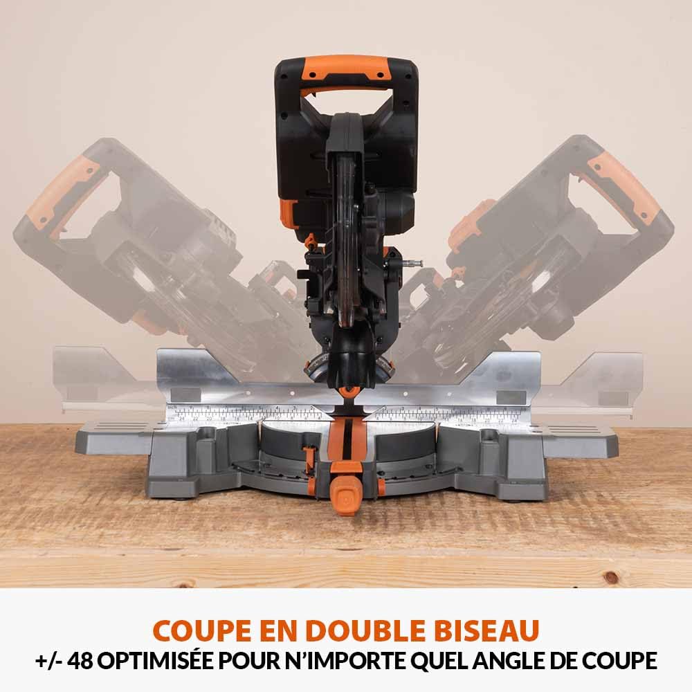 Evolution Power Tools R255SMS-DB-Li Scie à onglets coulissante sans balais à double biseau sans fil Li-Ion EXT lame multi-matériaux, coupe le bois le métal le plastique 255 mm - Batteries non incluses