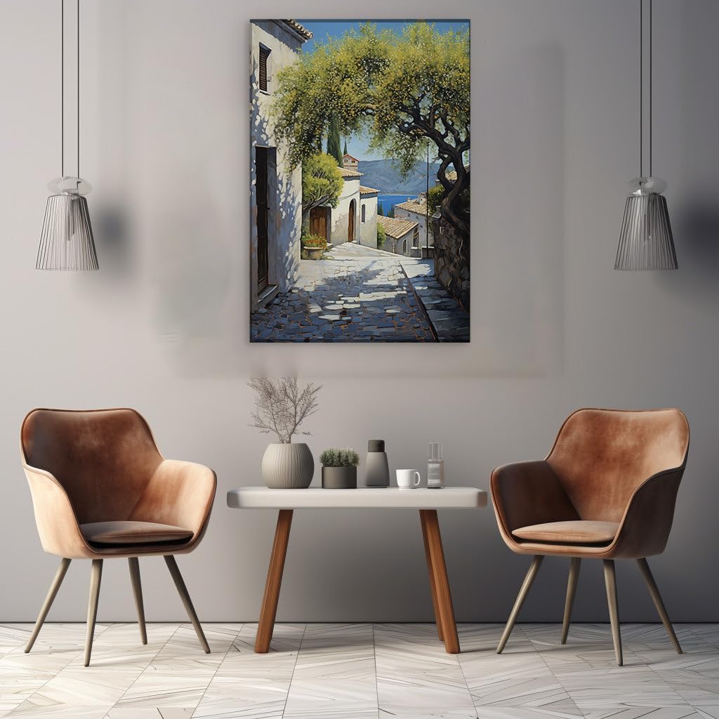 Canvas for Living room. Mediterranean Serenity in Bloom: Discover the Charm of a Village Cobblestone Passage, 27 x 18 inch Canvas Wall Art - Modern Home Decor