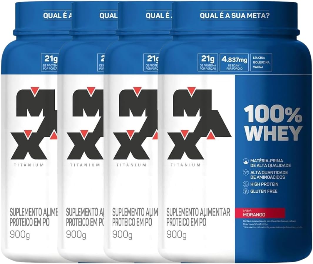 Kit 4 100% Whey Max Titanium Pote 900g Morango Suplemento