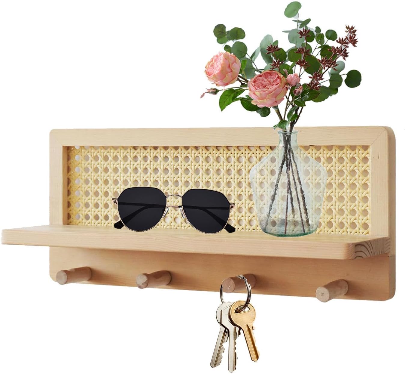 Rattan Wall Shelf with Hooks Stylish Entryway Storage Rack Floating Wooden nizer Chic Coat Hanger Decorative Wall-mounted Shelf for Home Decor