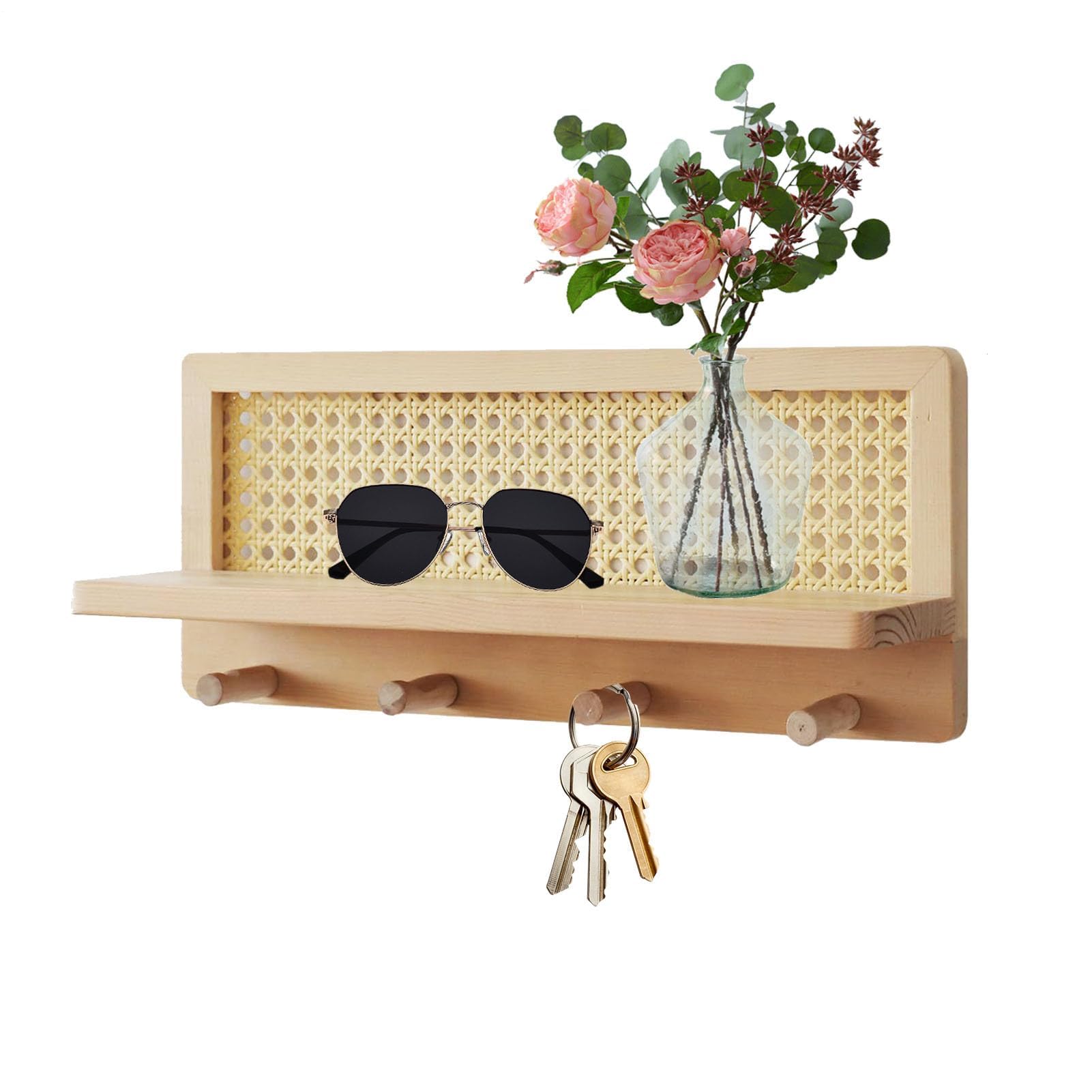 Rattan Wall Shelf with Hooks Stylish Entryway Storage Rack Floating Wooden nizer Chic Coat Hanger Decorative Wall-mounted Shelf for Home Decor
