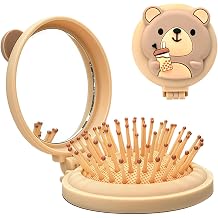 Mini Travel Hairbrush for Kids, Round Folding Mirror and Small Hairbrush for Boys and Girls, Baby Detangling Brush, Massage Hairbrush with Air Cushion for Thick Hair Beige