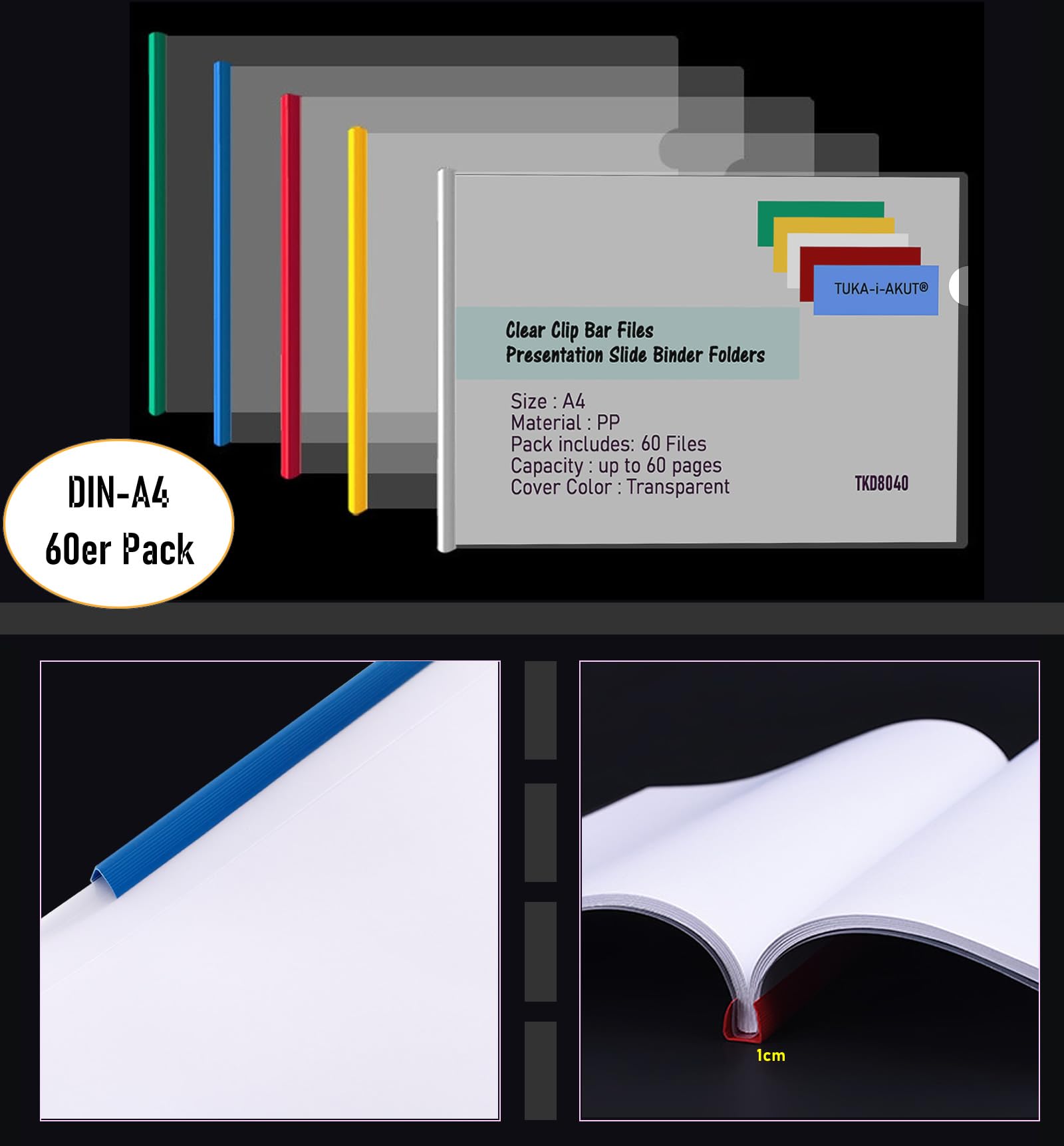 TUKA-i-AKUT 60pz PP Carpeta de Barra Deslizante, A4 Horizontal Transparentes Carpeta de Sujeción, Carpetas Estilo Dossier de Documentos, 60 Unidades, Barra Deslizante Multicolor, TKD8040-bunt-60x