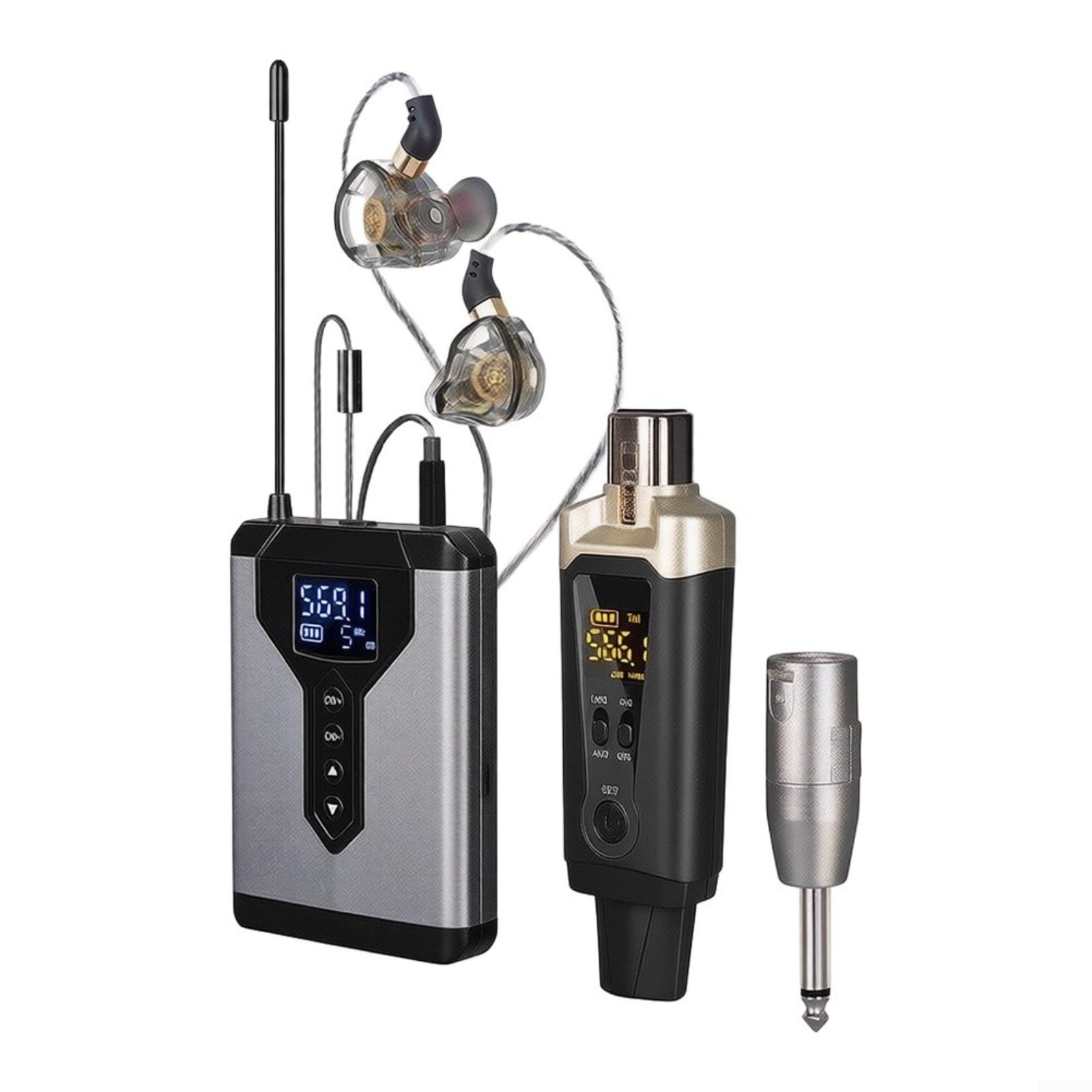 Kit di monitoraggio in-ear wireless in lega di alluminio per 1 trasmettitore e 2 ricevitori, audio professionale per musicisti di palcoscenico prove di banda (1 a 2)