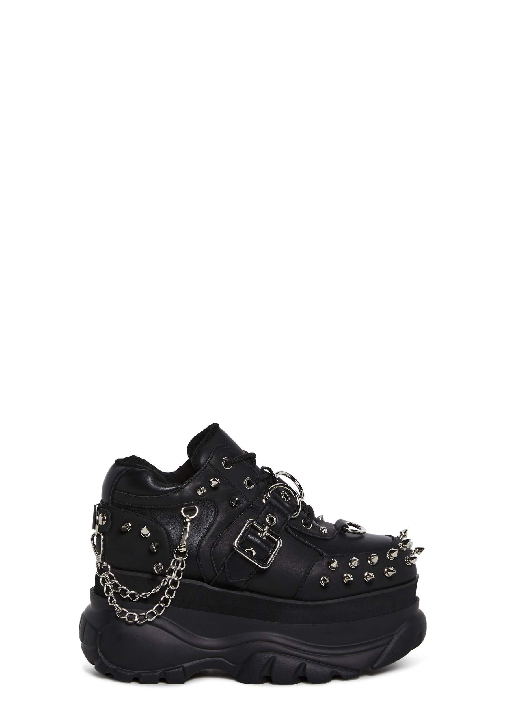 Dolls Kill Midnight Pit Platform Sneakers by Widow – Black Vegan Leather Shoes with Spikes, Chains, and Chunky Sole 38 EU Black