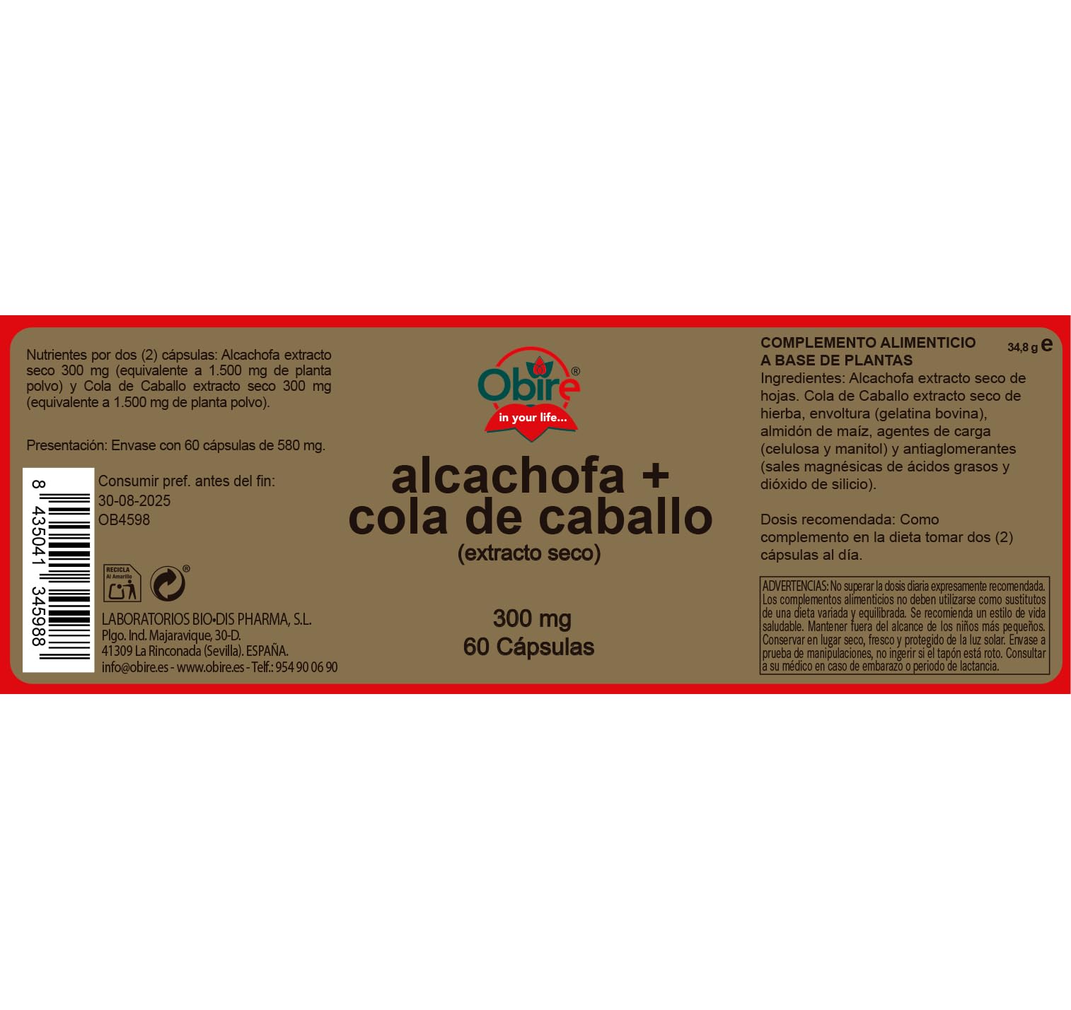 Obire | Alcachofa + Cola de caballo 300 mg | Pack 3 Unidades | 60 Cápsulas | Propiedades Diuréticas y Remineralizantes | Favorece tus Digestiones | Regenera Tejidos Dañados | Elimina Toxinas