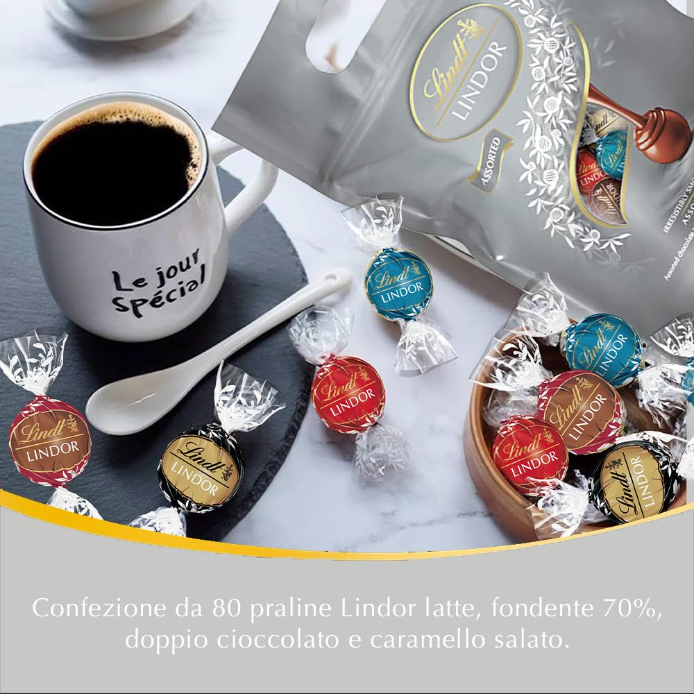 Lindt LINDOR Praline di Cioccolato Latte, Extra Fondente 70% Cacao, Doppio Cioccolato, Caramello Salato, 80 Cioccolatini, in confezione assortita maxi formato 1kg