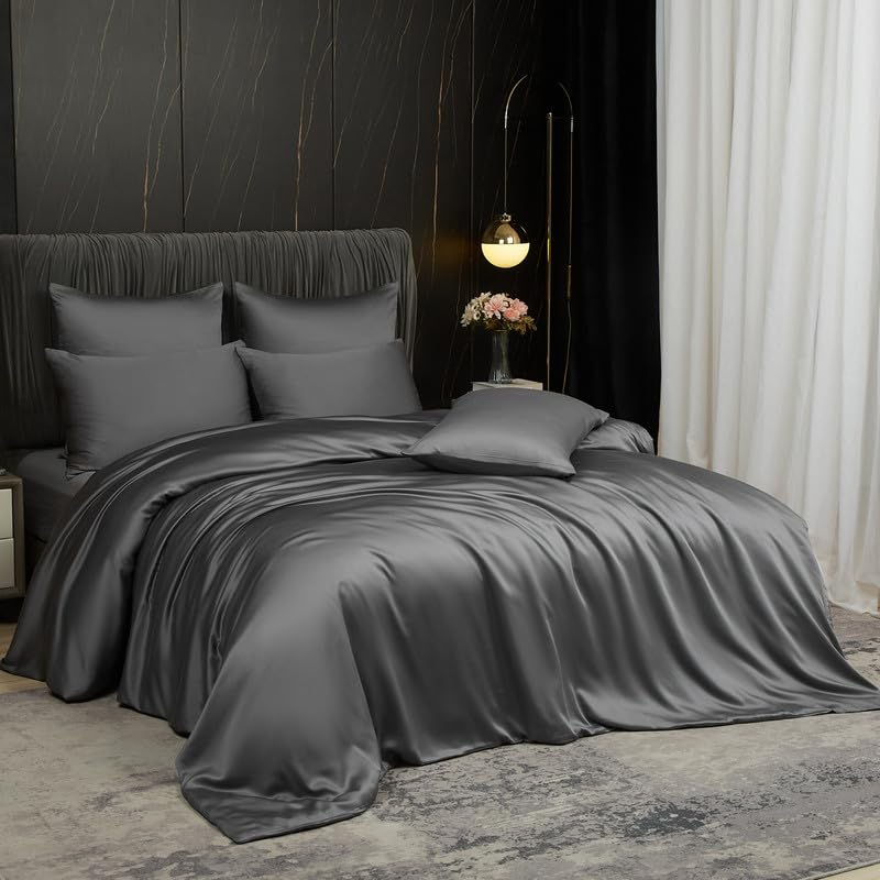 Gezu Juego de ropa de cama de bambú Lyocell de 155 x 220 cm, color antracita, 100 % seda de bambú, antibacteriano, funda nórdica de 155 x 220 cm, fibra de bambú, brillante, funda nórdica con 2 fundas