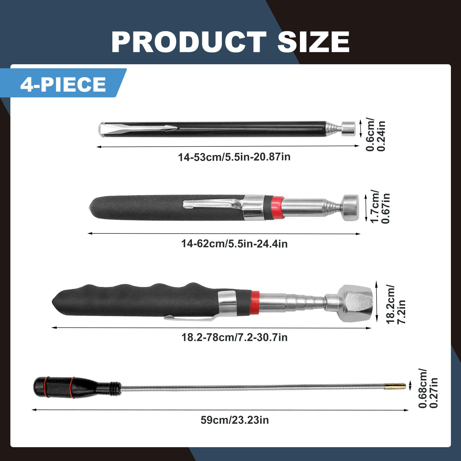 4 Piezas Recogedor Magnético Telescópico, Herramientas de Recogida Iman Flexible, Herramientas Magnéticas Telescópicas para recoger tornillos y tuercas y otros objetos metálicos (1.5LB 3LB 5LB 16LB)